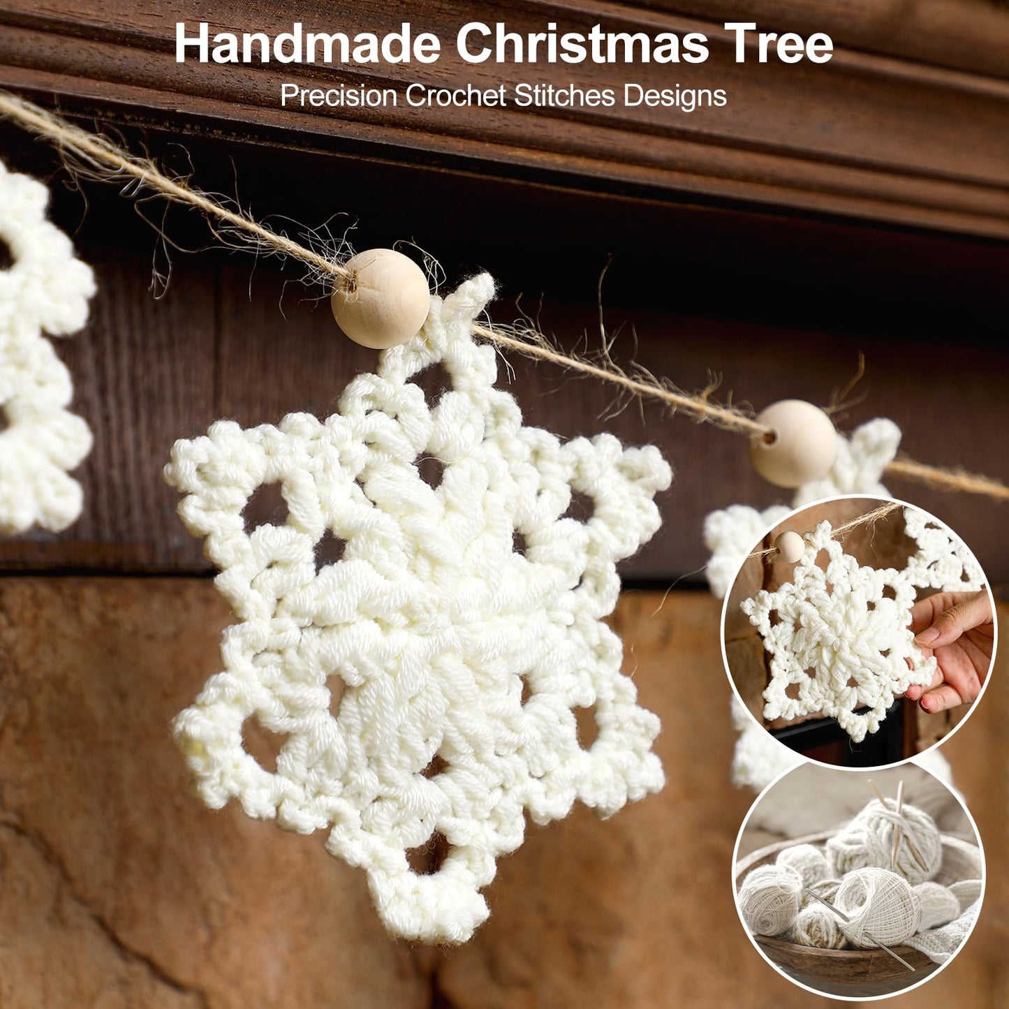 Tudomro Christmas Crochet Snowflake Garland 6.56ft Rustic Handmade Xmas Banner Snowflake Wooden Beads Farmhouse Hanging Decor for Mantel Fireplace Home Room Wall Window Door Gift
