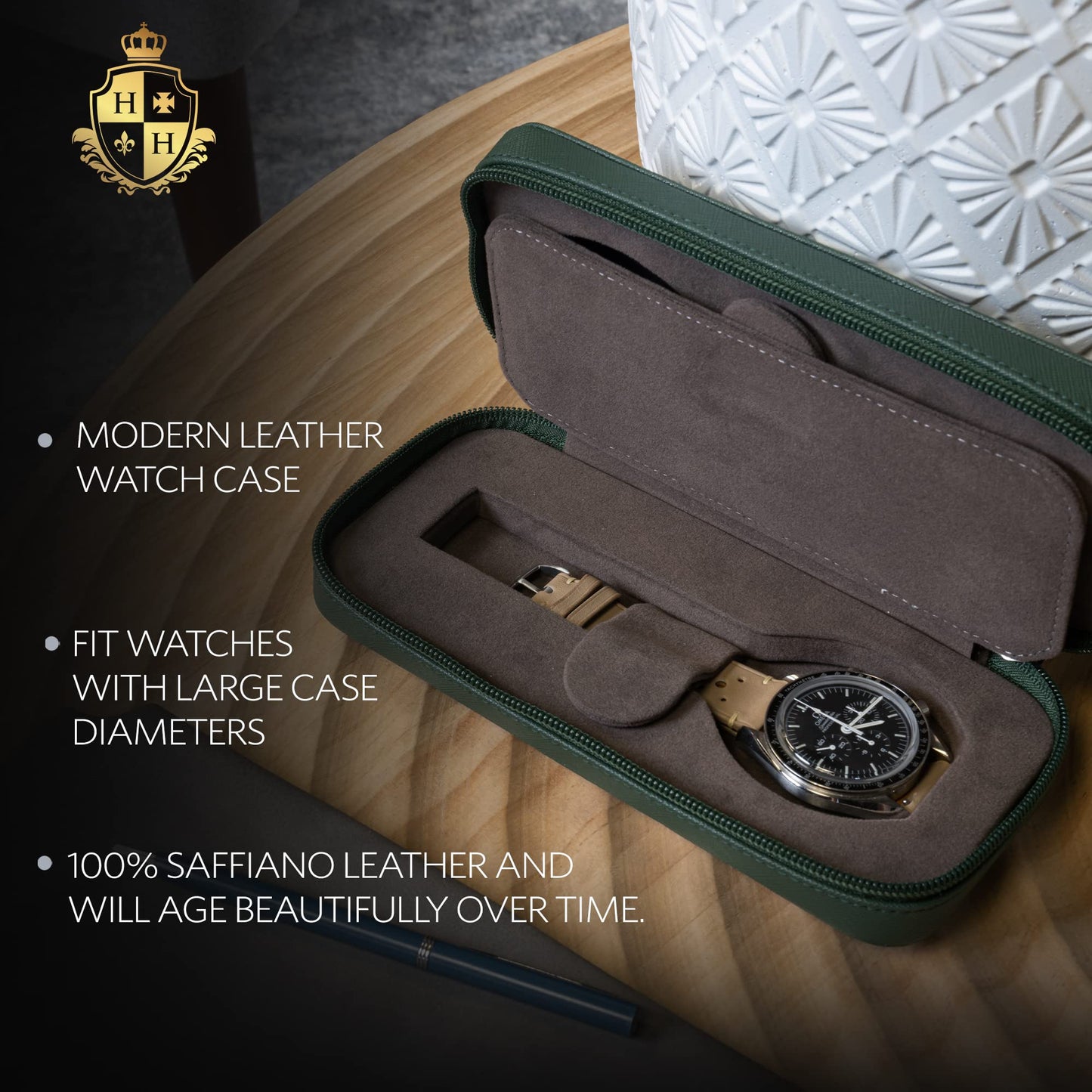 HOUSEOFHIGGINS Double Travel Watch Case - Holds 2 Watches - Saffiano Leather - Soft Microfiber Lining, Fits Up to 42mm Watches - Reliable Storage for Home or Travel