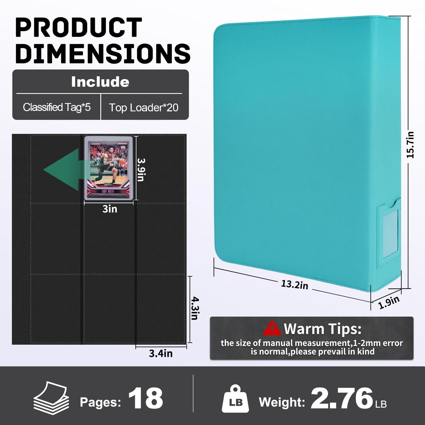 ZLCA Top Loader Binder-9 Pocket, Hold 324 Cards，Trading Card Binder Includes 20 Top Loaders, Top Loaders Binder for Sport Card, MTG, TCG (Tiffany Blue)