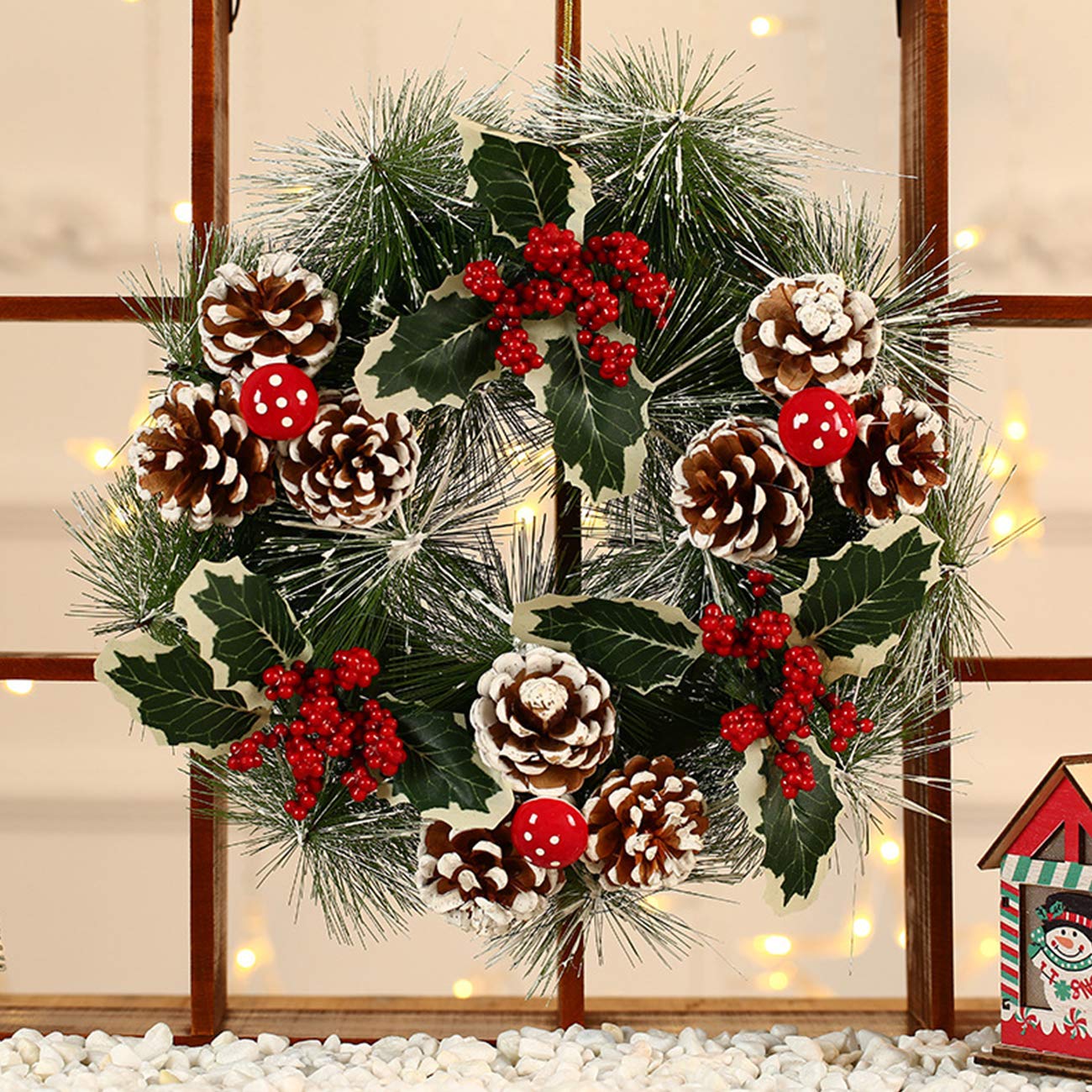 Acronde 12” Christmas Wreath Berry Handmade Floral Front Door Rustic Wreath Flocked with Mixed Decorations Christmas Decorations