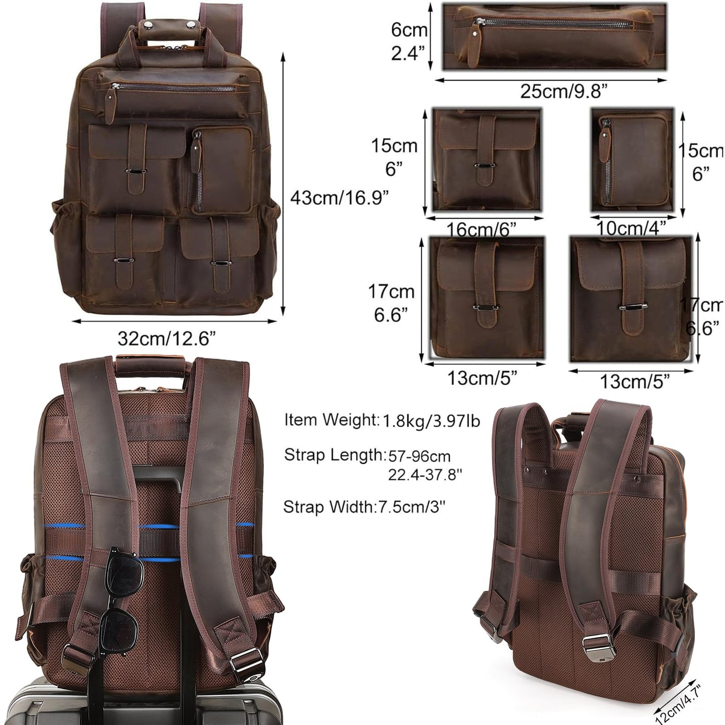 Masa Kawa Leather Backpack for Men Vintage 15.6 Inch Laptop Bag Multi Pockets Casual Travel Daypack Brown