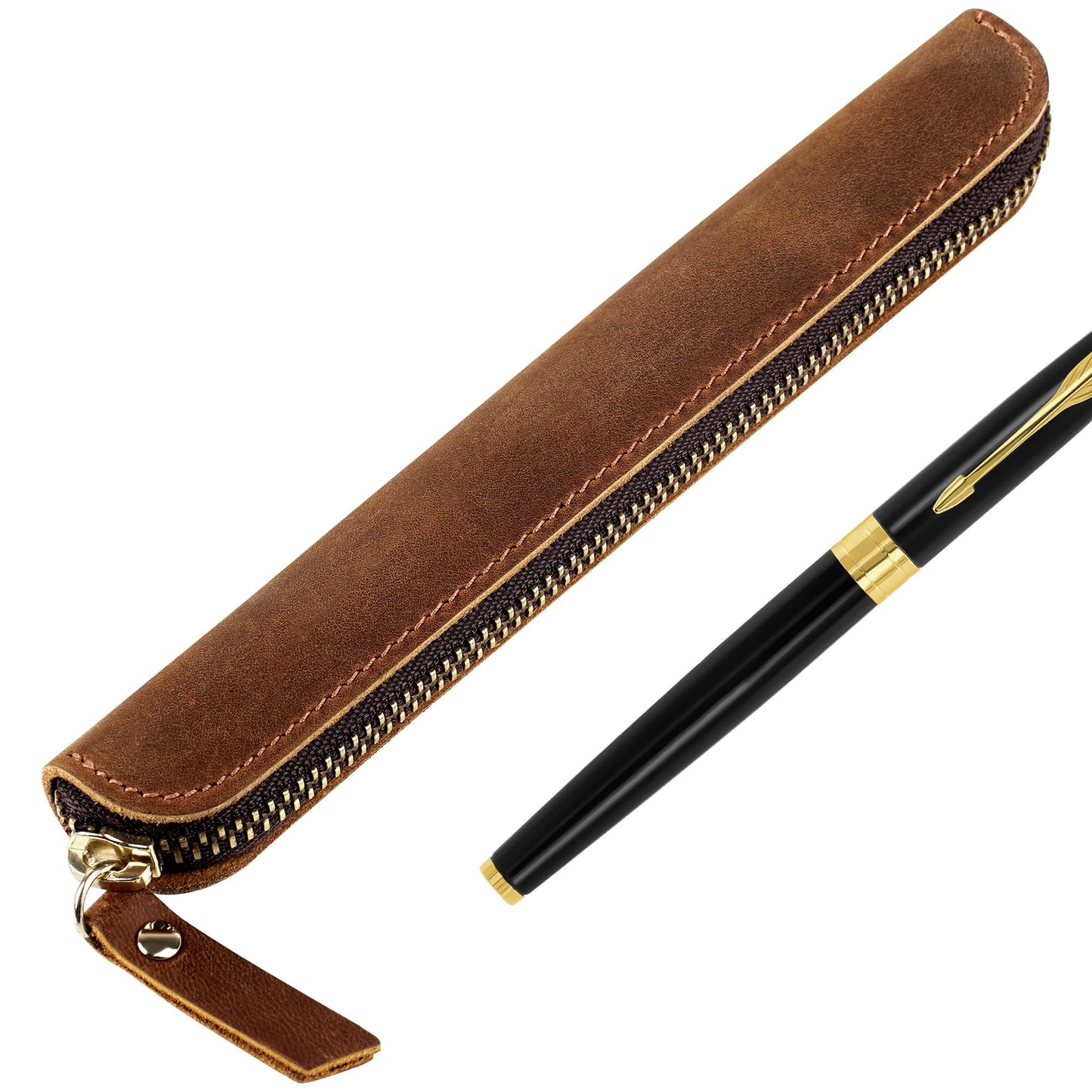 JANKOW Crazy Horse Leather Pen Pouch Handmade, Single Pen Case Fountain Pen Sleeve Holder Pouch Cover Vintage, Mini Pencil Bag (Brown)
