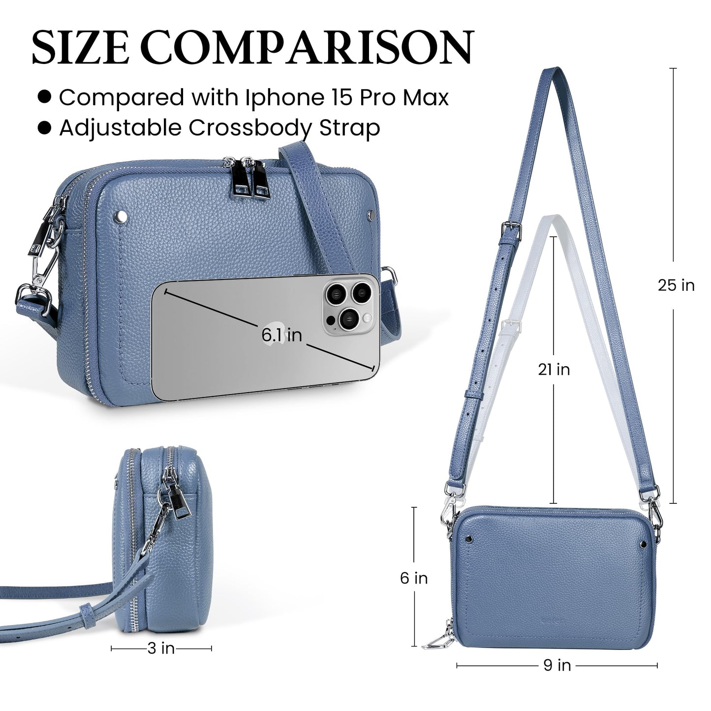 befen Genuine Leather Crossbody Bags for Women, Purses with Built in RFID Wallet Woman Camera Shoulder Bag Handbags Anti Theft Cross Over body Purses with Adjustable Strap, Grey Blue
