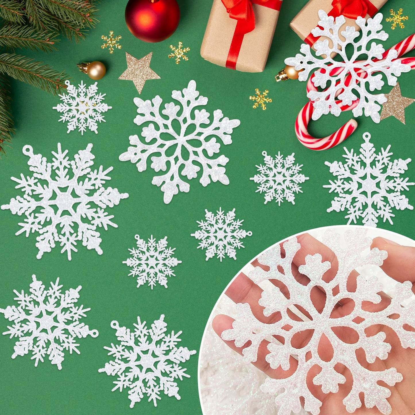 36 Pack White Snowflake Ornaments Plastic Glitter Snow Flakes Ornaments for Winter Christmas Tree Decorations Size Varies Craft Snowflakes