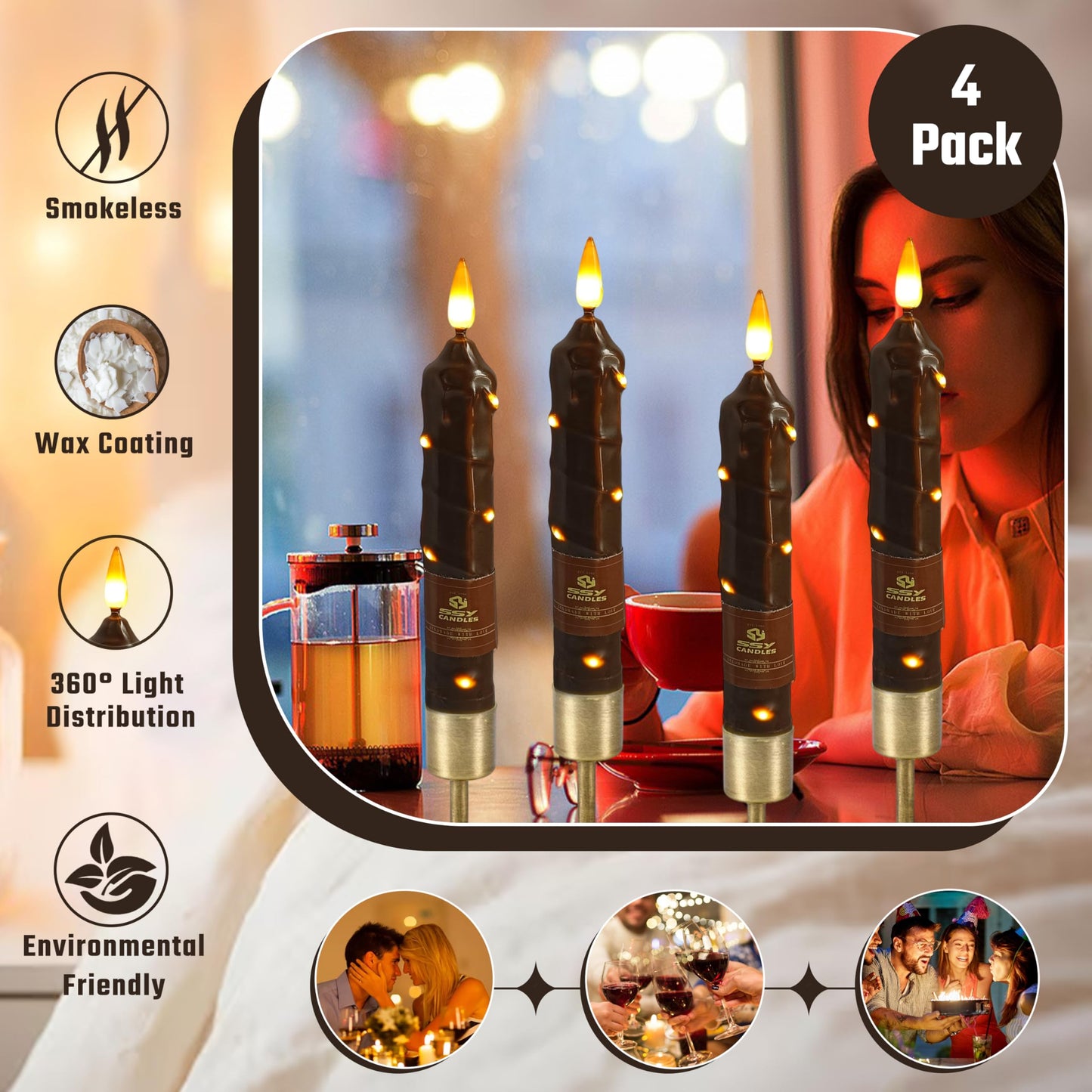 6.5 Inch Brown Flameless Taper Candles - 4 Pack Handmade Real Wax LED String Surface Candles with 10 Key Remote Timer Battery Operated LED Taper Candle for Thanksgiving Christmas Holiday Decor