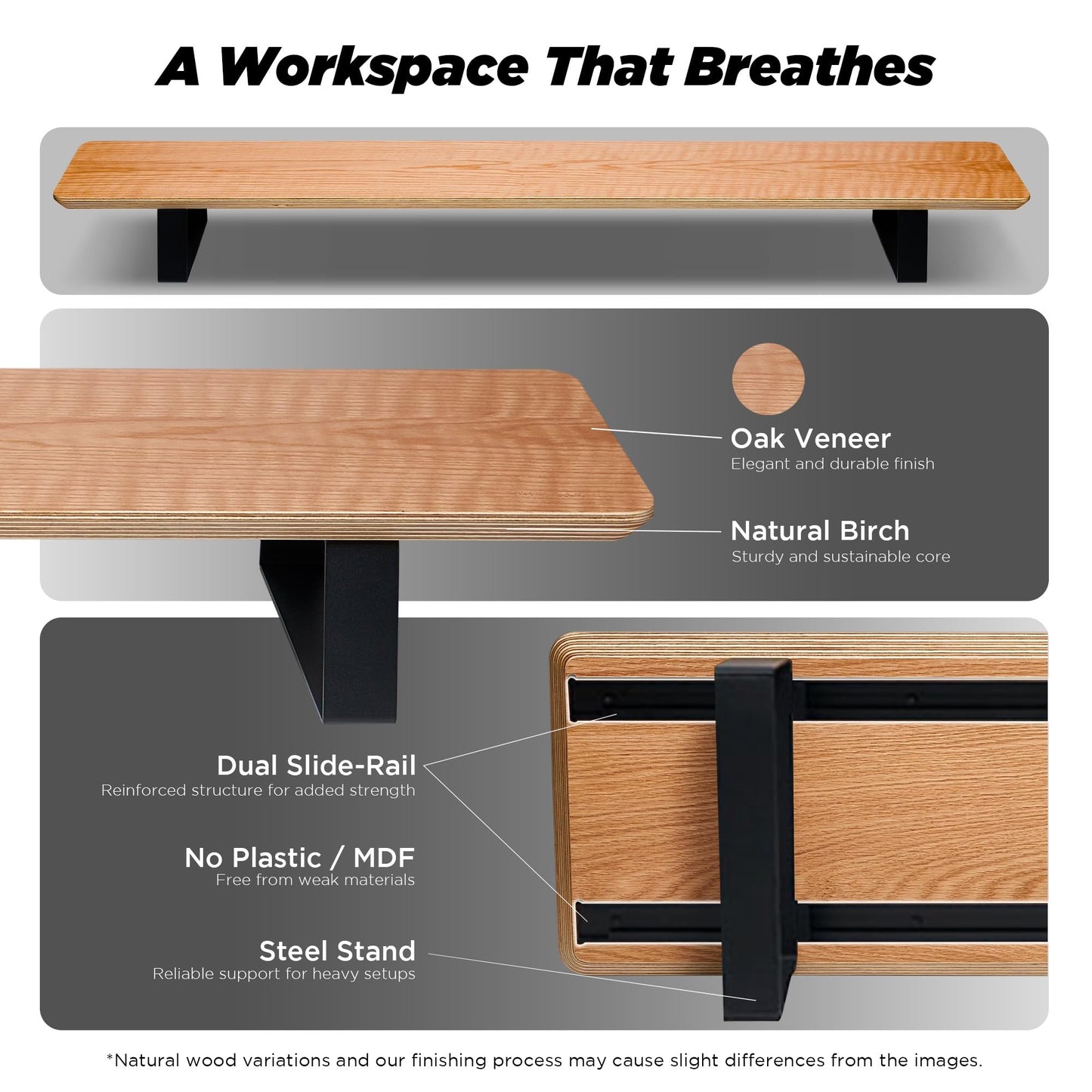 ULTRARM Moodular Wooden Monitor Stand 45.6” (116cm) Large Desk Organizer with Metal Slide Rails for Drawer, Tray, Laptop, Tablet, Phone & Headphones Customizable Riser for Organized Workspace Oak