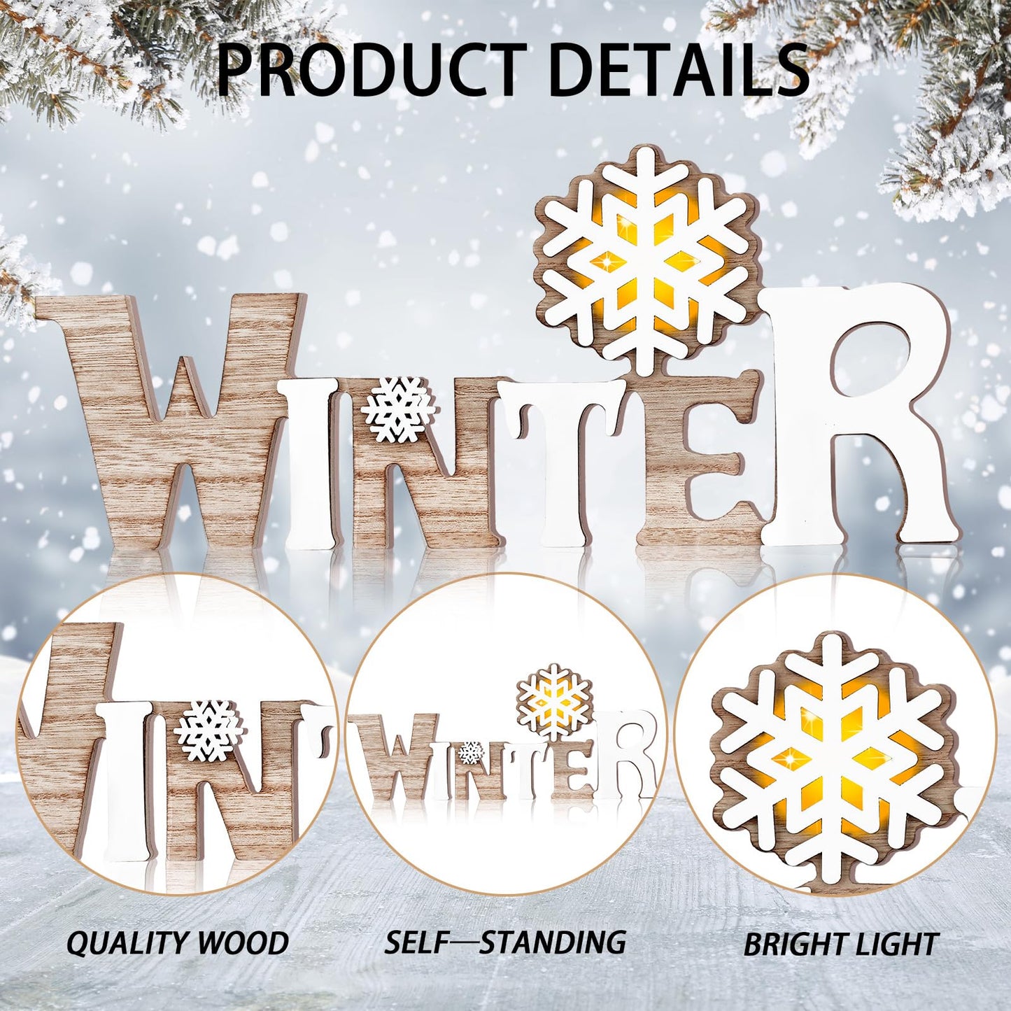 Geetery White Winter LED Wooden Sign Rustic Wooden Words Sign Tabletop Centerpiece Decor Snowflake Decorations for Winter Christmas Table Home Indoor Party