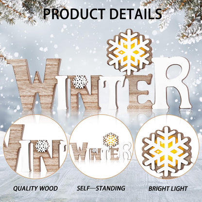 Geetery White Winter LED Wooden Sign Rustic Wooden Words Sign Tabletop Centerpiece Decor Snowflake Decorations for Winter Christmas Table Home Indoor Party