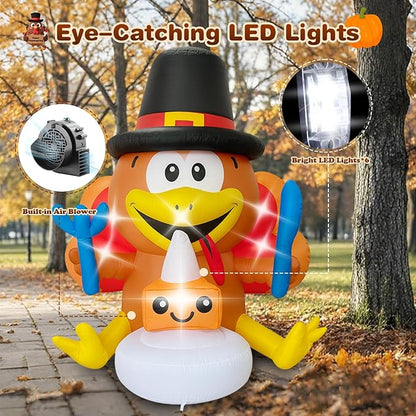 Thanksgiving Inflatables Turkey Outdoor Decorations 5FT Fall Inflatable Turkey with Built-in LED Lights with Cake Blow up Outdoor Lawn Yard Decoration