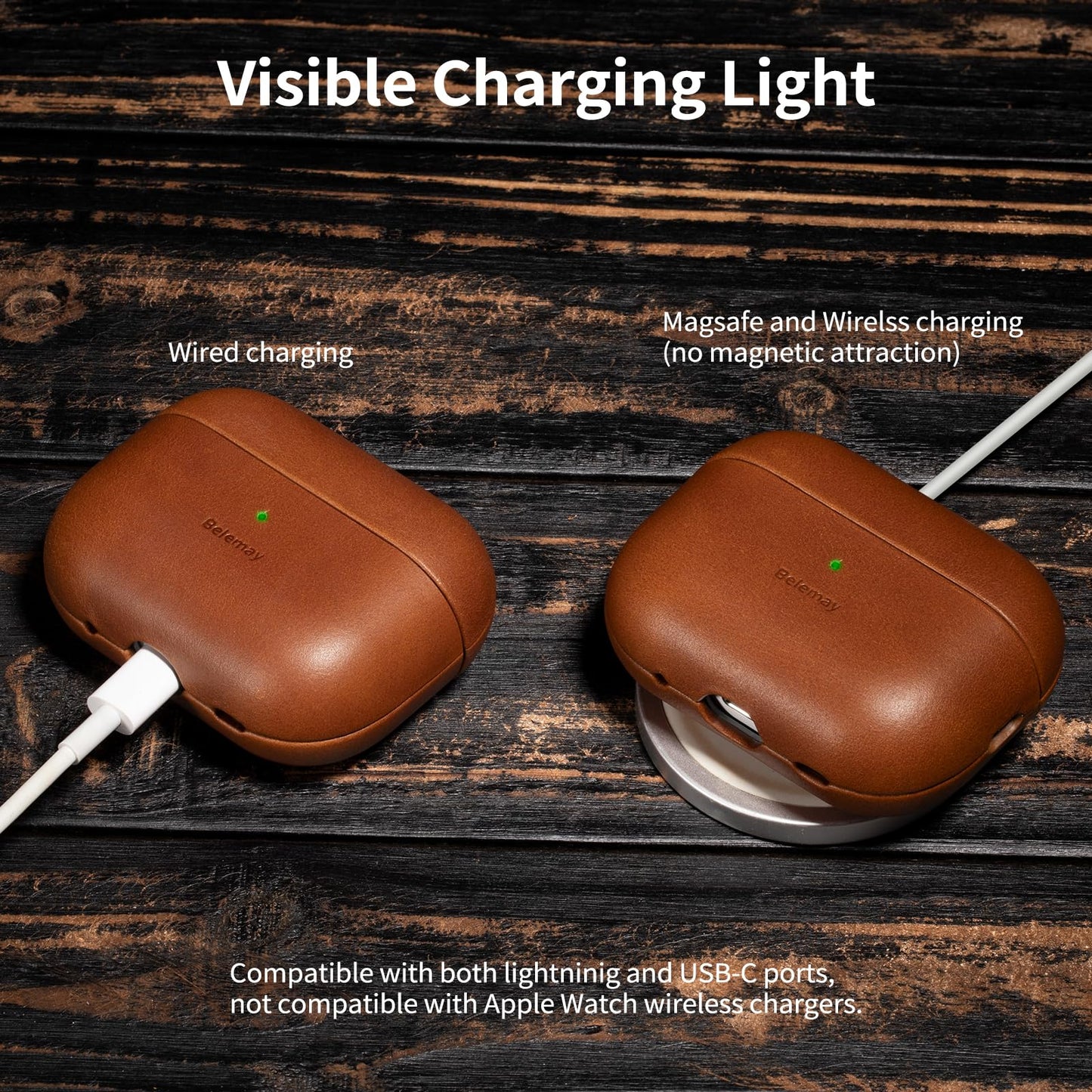 Belemay for AirPods Pro 2nd Generation Case, Compatible with MagSafe and Wireless Charging, Luxury Full-Grain Smooth Leather, Unique Patina, Comfort Grip, Compatible with Airpods Pro 2, Brown