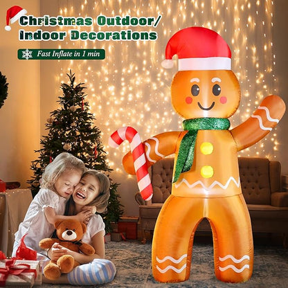 FunFanso 6 FT Christmas Inflatable Gingerbread Man with Candy Cane, Blow Up Cute Decoration with Build-in LEDs, Inflatable Outdoor Decorations for Holiday Lawn Garden Patio Home Porch Xmas Party Eve