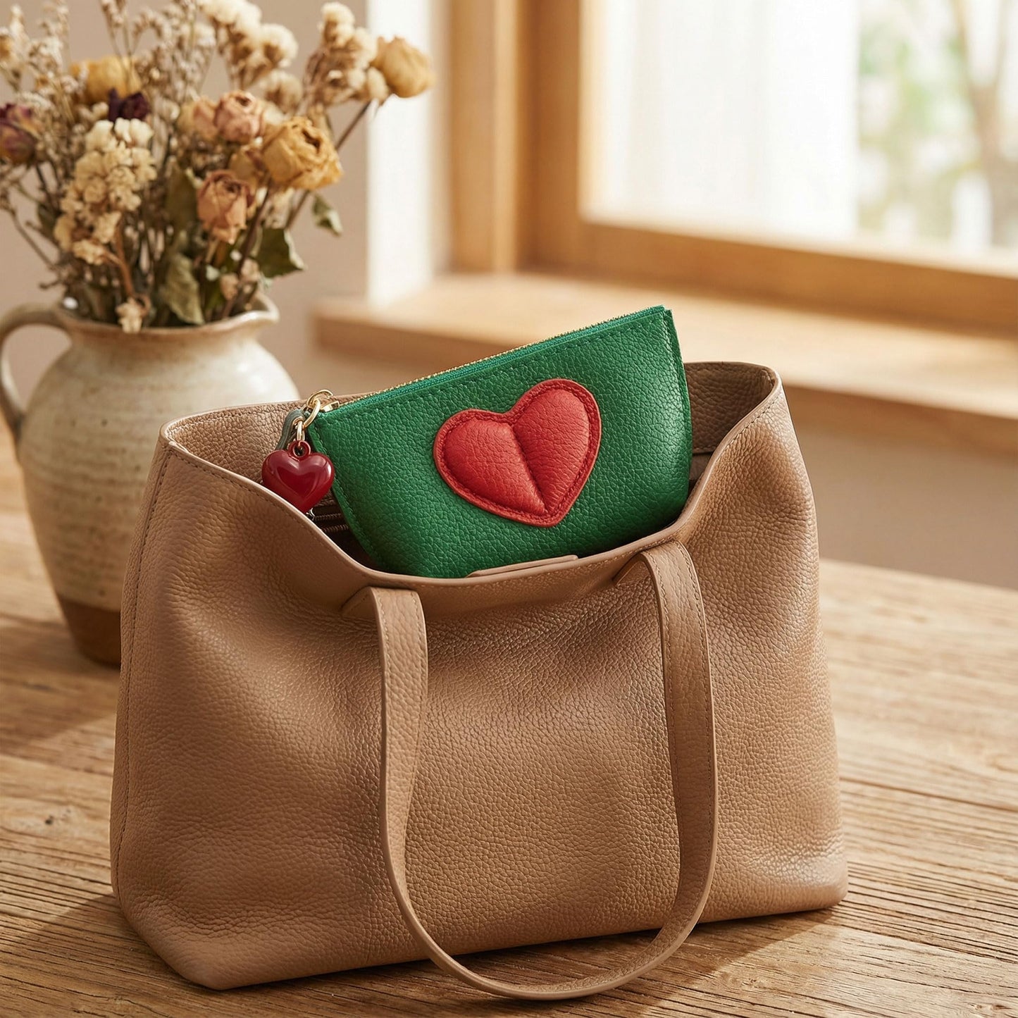 Red Heart Design Small Coin Purse - Cute Compact Keychain Change Purse Soft Leather Wallet with Zipper for Women (Green)