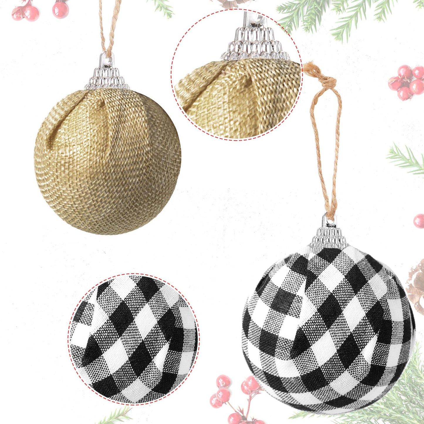 Sratte 20 Pcs Rustic Christmas Tree Ornaments Set 2.5" Hanging Burlap Plaid Ball 3.1"-6" Red/White Black Buffalo Check Ball for Farmhouse Christmas Ornaments Country Xmas Decorations (White,Black)