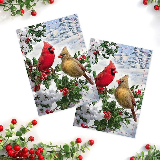 Masterpiece Cardinal Couple Christmas Cards / 16 Festive Holiday Cards With Coordinating White Envelopes Set / 5 5/8" x 7 7/8" Winter Cardinals Greeting Cards With Inside Verse/Made In The USA