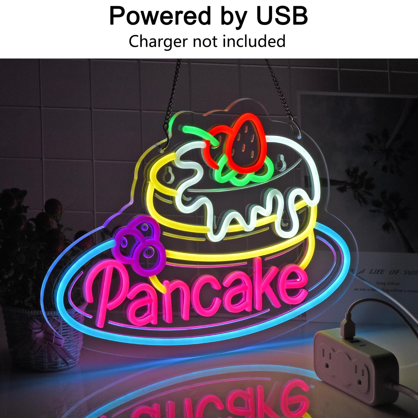 JOMOBUTY Pancake Neon Sign, Neon Lights Hanging Wall Art Decoration for Business Restaurant Shop Store House Bar Cafe Party Home Decor, USB Powered Ultra Bright Dimmable,16.14×11.02inches