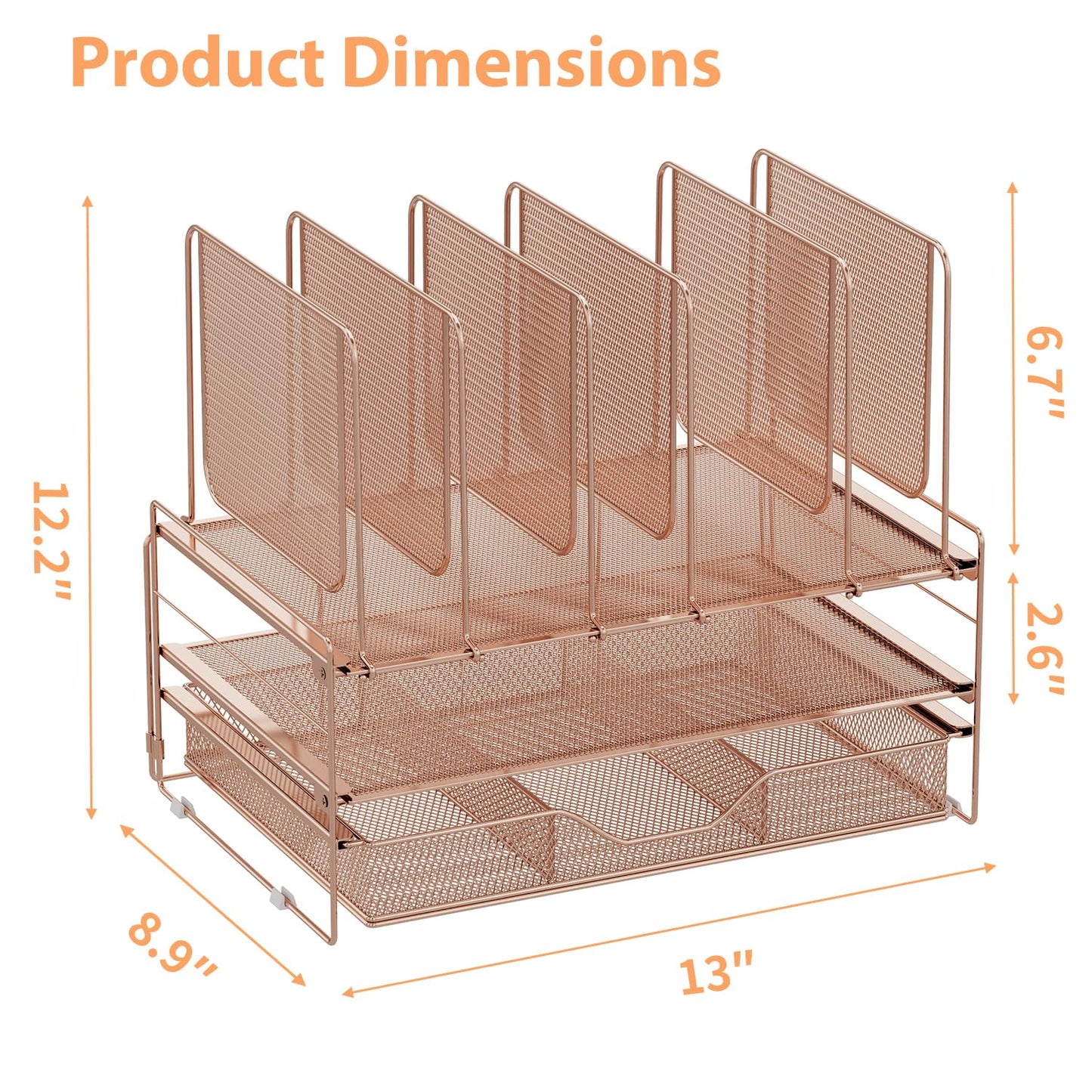 LEKETREE Rose Gold Desk Organizer, Office Organization with Vertical File Holder, File Organizer with Drawer and Office Supplies, Desk Accessories and Workspace Organizers (Rose Gold)