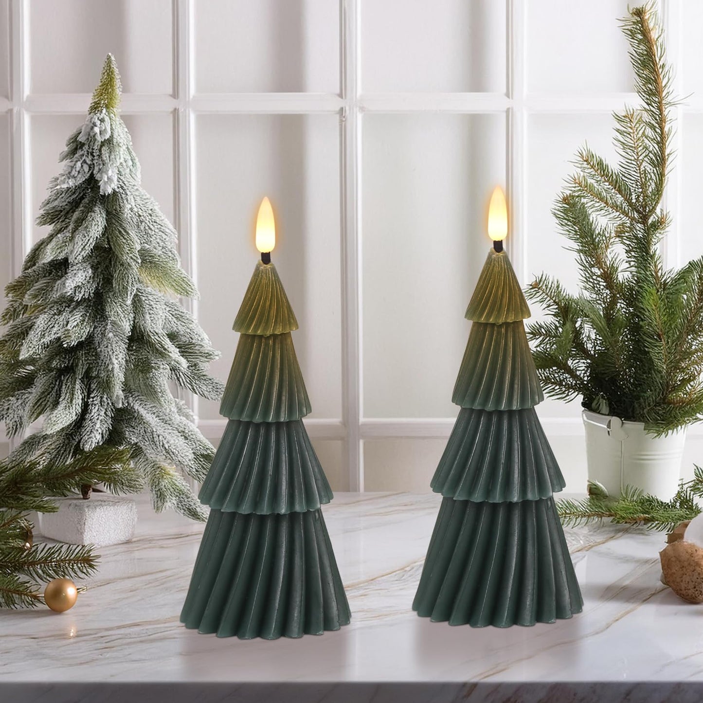 Wondise Christmas Tree Flameless Candles with 6hrs Timer, Real Wax Battery Operated 3D Wick LED Candles Flameless Flickering Candles for Christmas Holiday Decor (2 pcs 3" x 7.1")
