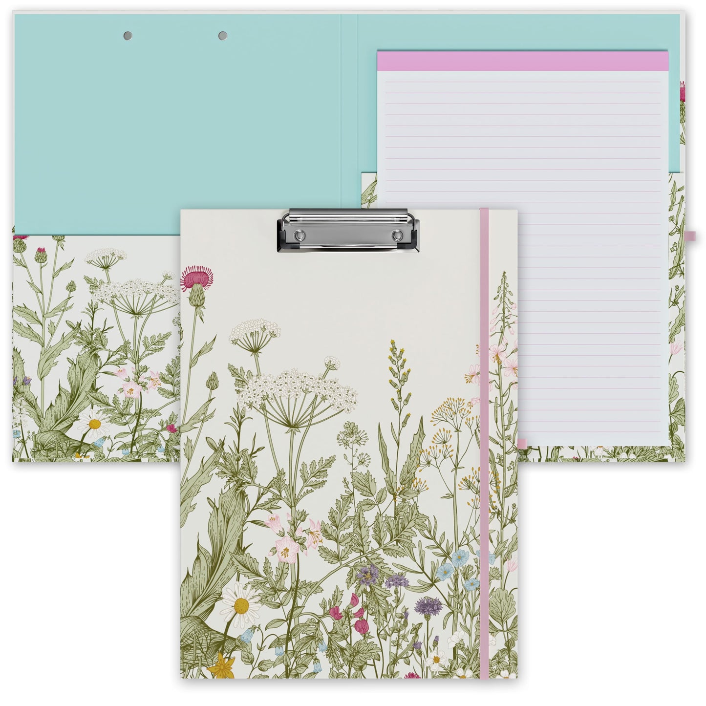 Clipboard Folio with Refillable Lined Notepad, Low Profile Clip and Interior Storage Pocket, Cute Clipboard Folder Design for Students, Office, School, Nurse, A4 Foldable Clipfolio(Garden Flowers)
