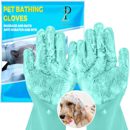 ZENELANEP Pet Grooming Gloves - High-Density Silicone Gloves with Enhanced Five Finger Design for Washing, Bathing and Massaging Dogs and Cats (Green)