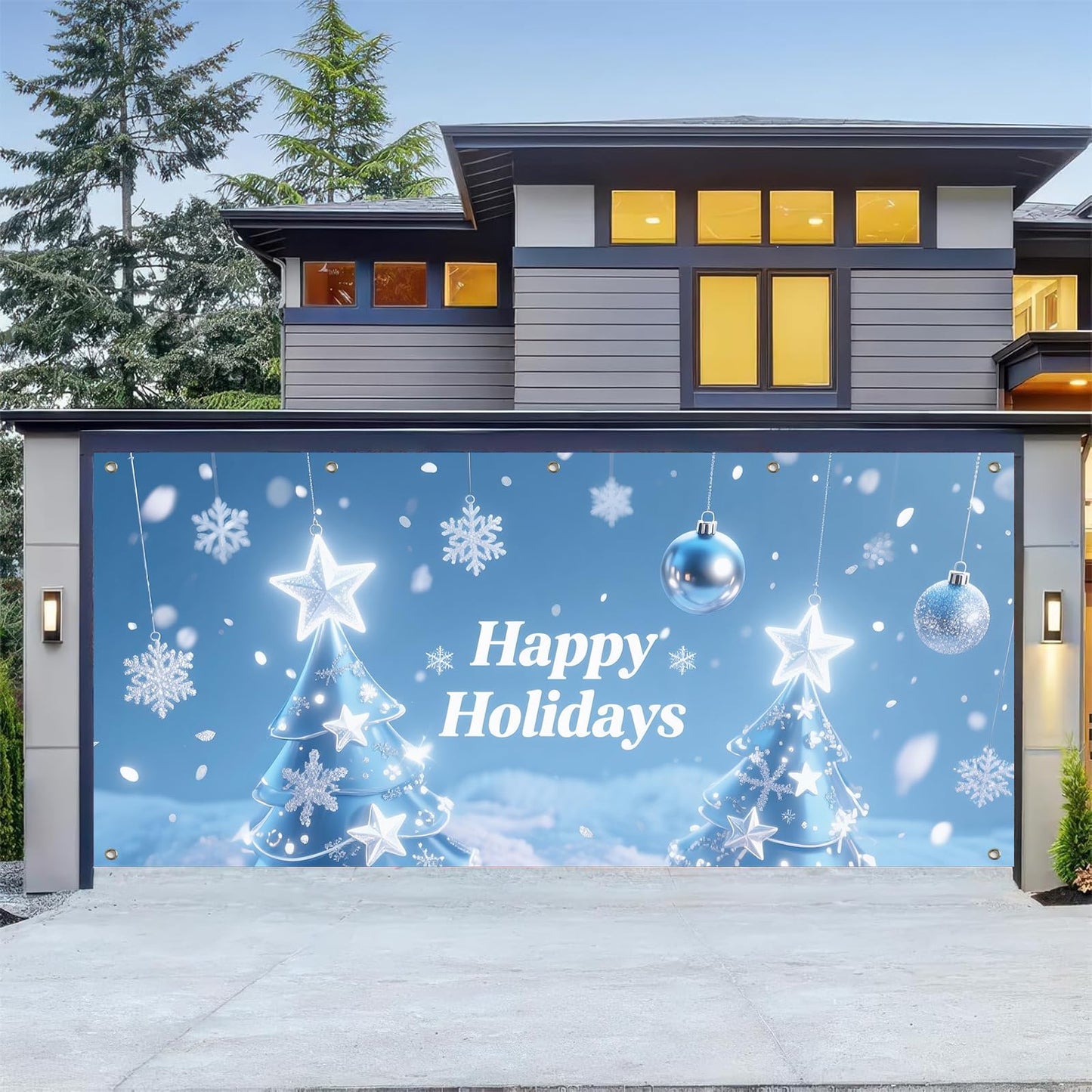 HOMETITUTE Happy Holidays Garage Door Banner 13x6ft Christmas Tree Snowflakes Theme Backdrop Holiday Seasonal Decor Door Cover Banners for Outside Garage Wall Covering for Party Garage