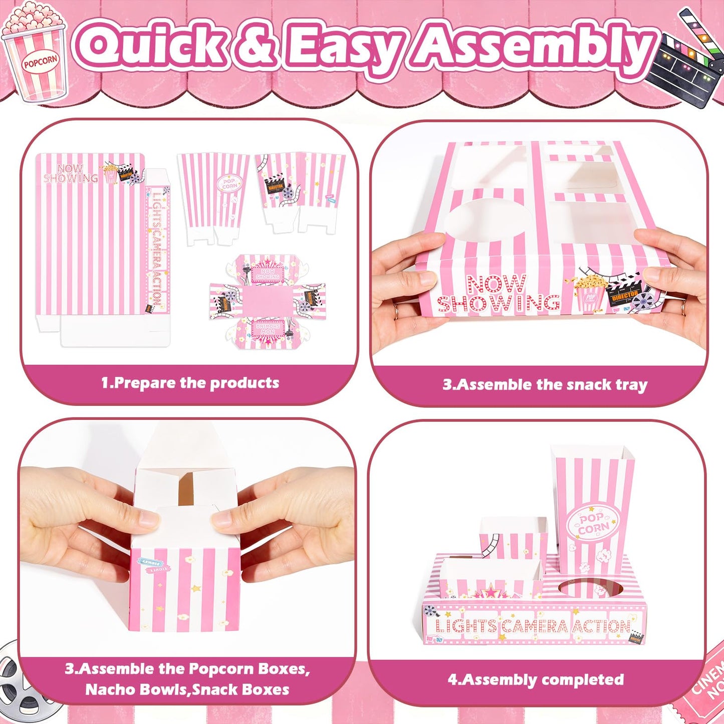 Movie Night Snack Trays, 16 Pcs Movie Night Party Supplies Include Paper Snack Trays Popcorn Holders Snack Boxes for Girls' Night Birthday Party Home Theater- Serve 4