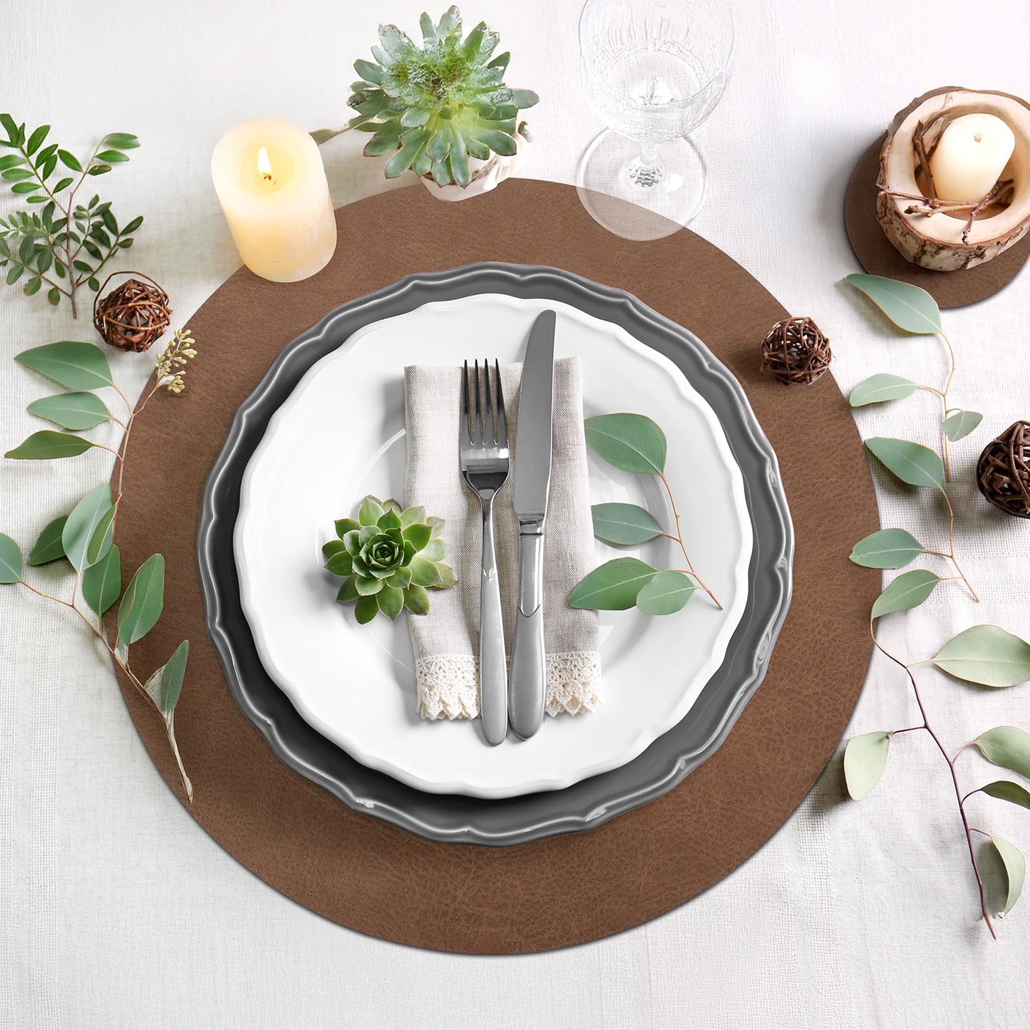 comfoyar Faux Leather Round Placemats with Coasters Set of 6, 13x13 Inch Non-Slip Heat Resistant Dual-Sided Brown Place Mats, Waterproof Table Mats for Kitchen Dining Party Table Decoration