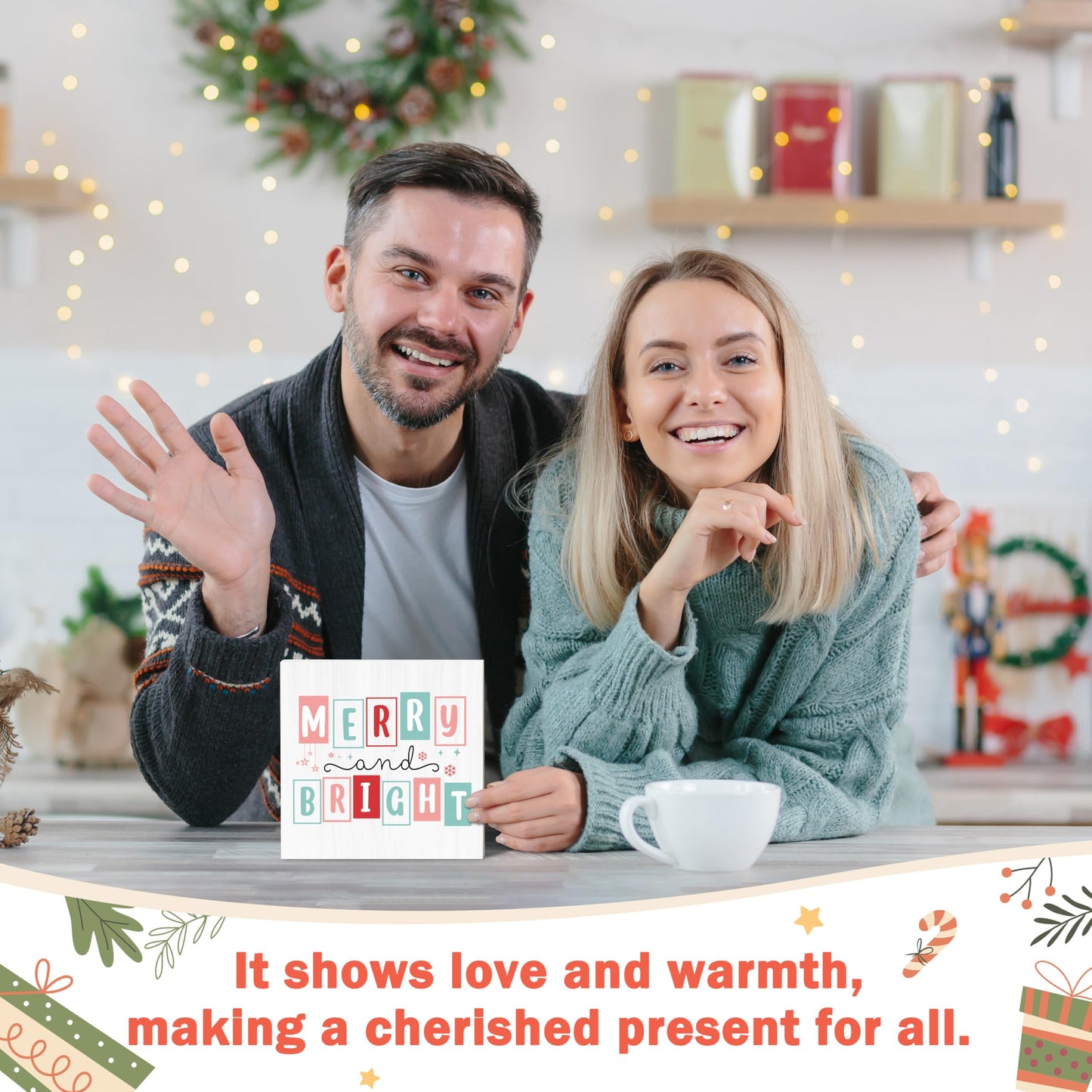 OXRUN Christmas Table Decorations, Merry and Bright Wooden Box Sign Decorative, Xmas Holiday Gifts for Women Men Home Office Shelf Decor 6 x 6 Inches - F09