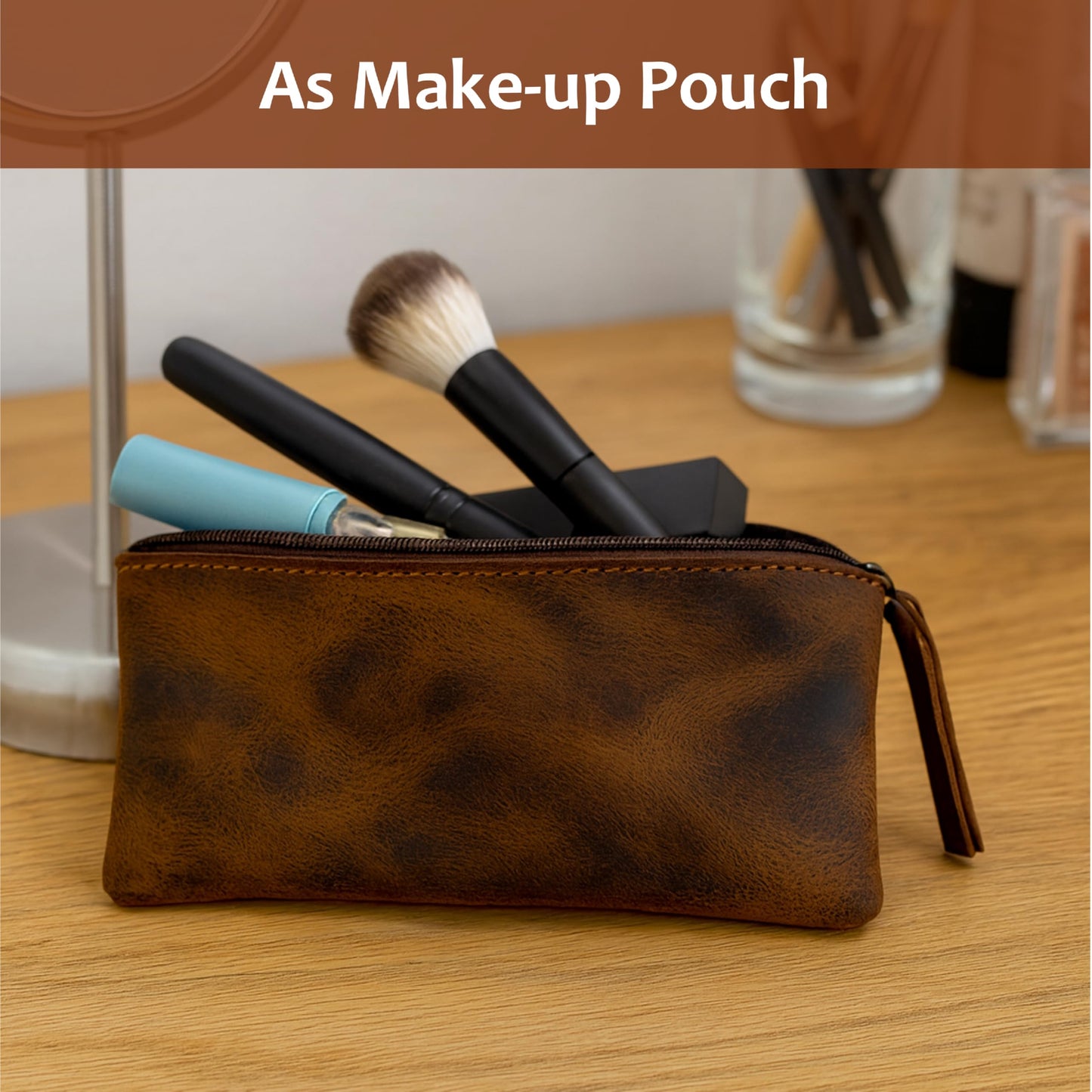 TheAntiq Leather Pencil Pouch, Currency Pouch, Leather Pencil Case, Zippered Pouch Paper Money, Pen Case, Pen & Marker Case, Pencil Case For Artists & Professionals (Brown)