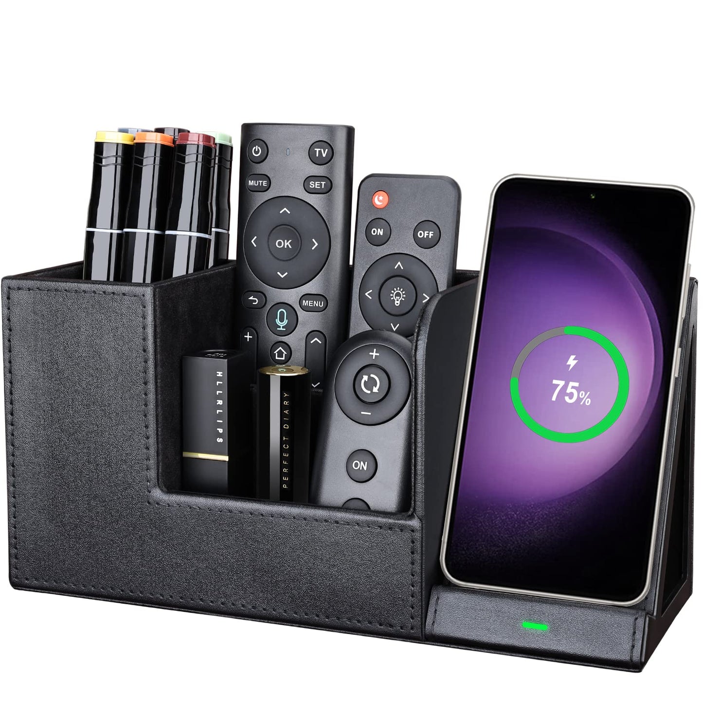 Wireless Charger with Desk Organizer, Wireless Charging Station for iPhone 13/13 Pro Max/13 Pro/12 Series/11/XS Max/XR/X/8Plus/SE 2, Wireless Charging Stand with Leather… (Black L)