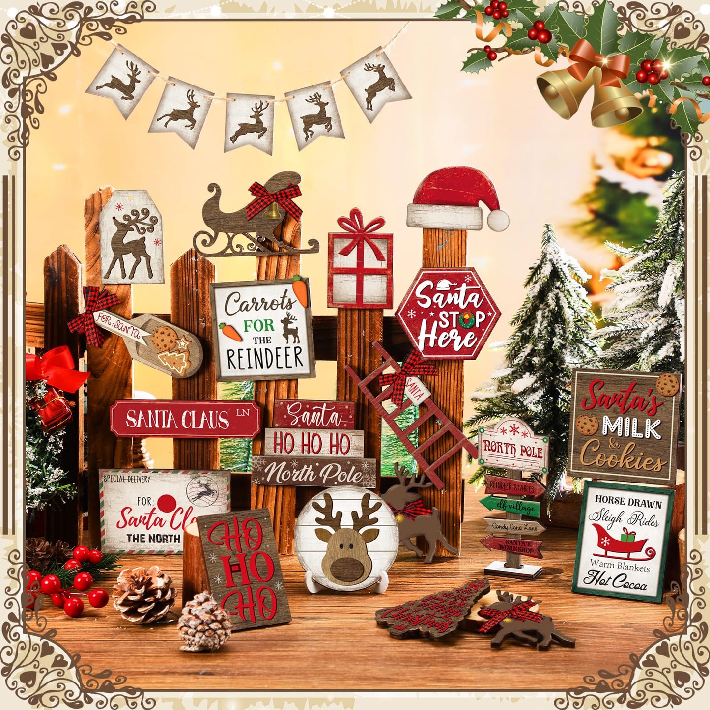 CroBlissful 23 Pcs Christmas Winter Tiered Tray Decor Snowman Farmhouse Decor Winter Tiered Table Centerpieces Wood Blocks Signs for Home Shelf, Without Tray(Red,Elk)