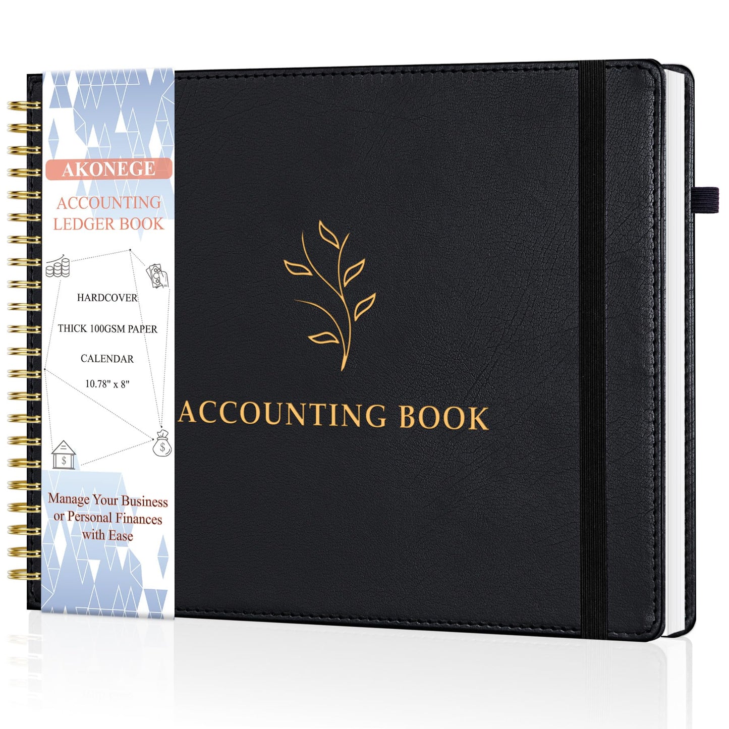 AKONEGE Accounting Ledger Book for Personal & Small Business Bookkeeping, Horizontal Income and Expense Tracker Notebook with Calendar, Hardcover Columnar Log Journal 10.78'' x 8'', Black