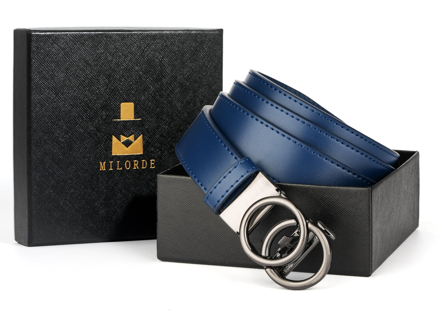 MILORDE Womens Ratchet Leather Dress Belt - 3cm/1.18“ width,Size Customizable Fit,Designs for Dress and Casual (W118-navy, 40" to 46" Waist Adjustable)
