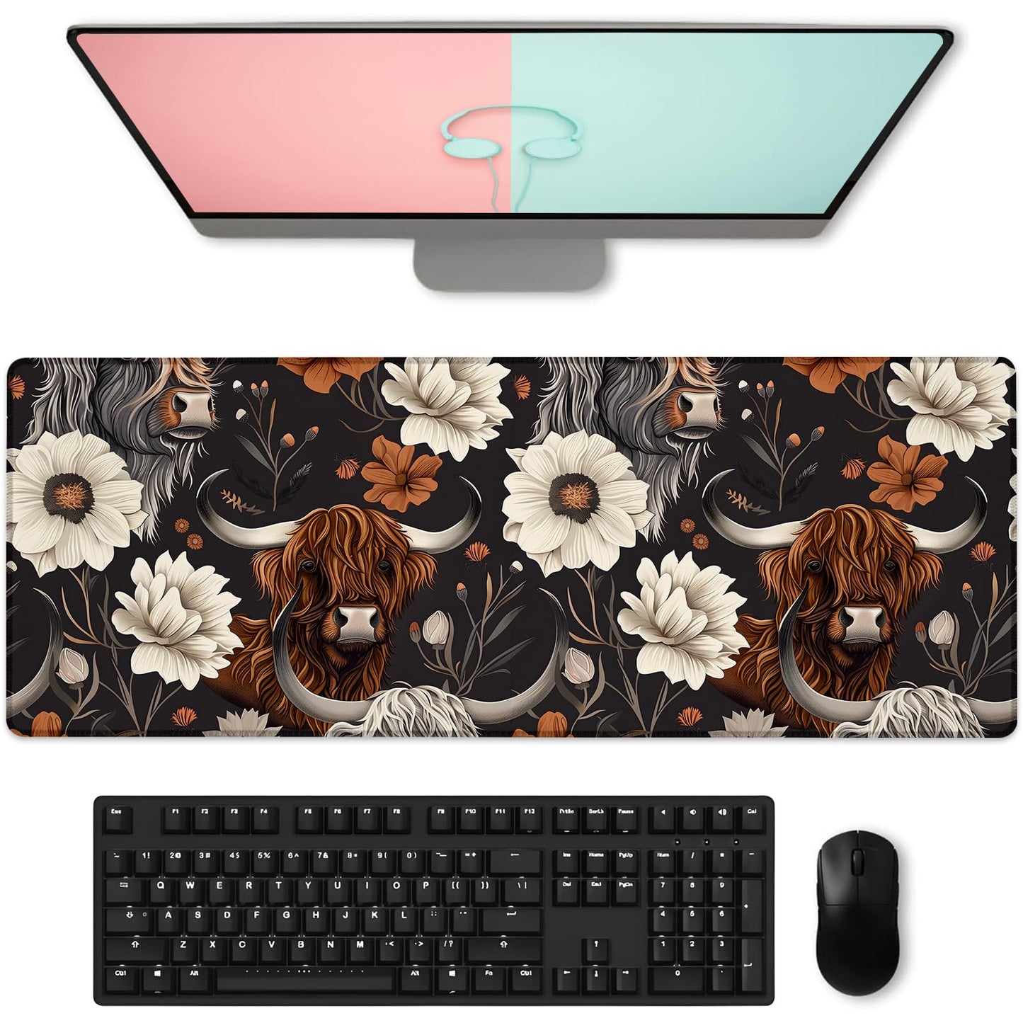 Rustic Highland Cow & Floral Gaming Mouse Pad, Large Cows Desk Mat for Laptop Keyboard Computer, Non-Slip Rubber Base Desktop Extended Mousepad for Office Home Accessories 31.5"×11.8"