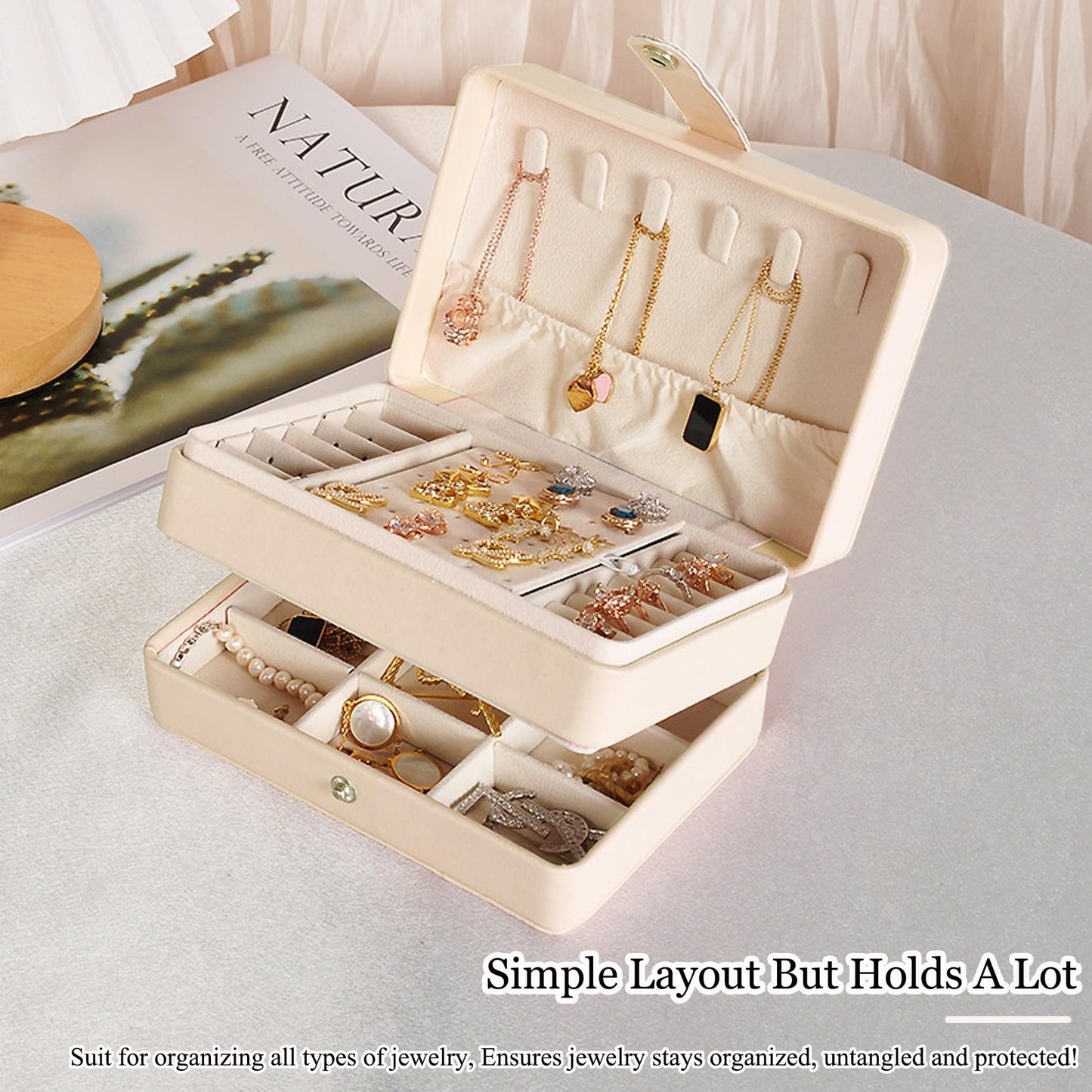 MODENGKONGJIAN Jewelry Organizer Box, 2-Layer Large Jewelry Storage Case, Portable Travel Jewelrys Display Holder for Earrings, Necklaces, Bracelets (Beige, PU Leather)