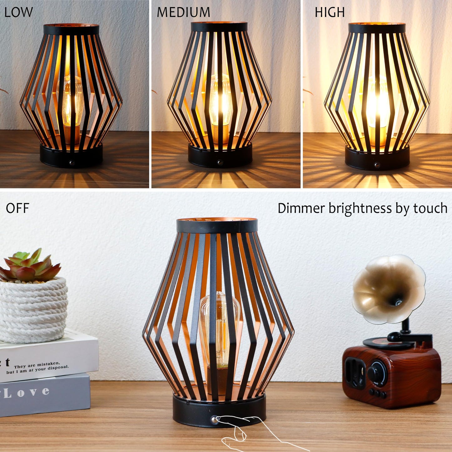 JHY DESIGN Dimmable Touch Bedside Table Lamp 8.5''H Rechargeable Metal Cage Lantern with LED Edison Style Bulb Cordless Accent Lamp for Weddings Parties Patio Events for Indoors Outdoors