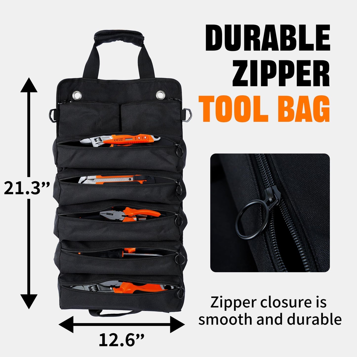 AASTT Portable Foldable Roll Up Tool Bag, Heavy Duty Tool Organizer Bag with 5 Compartments & 2 Detachable Pouches for Tools Storage, Waterproof Tool Roll Bag for Dad Men Electrician Mechanic Gifts