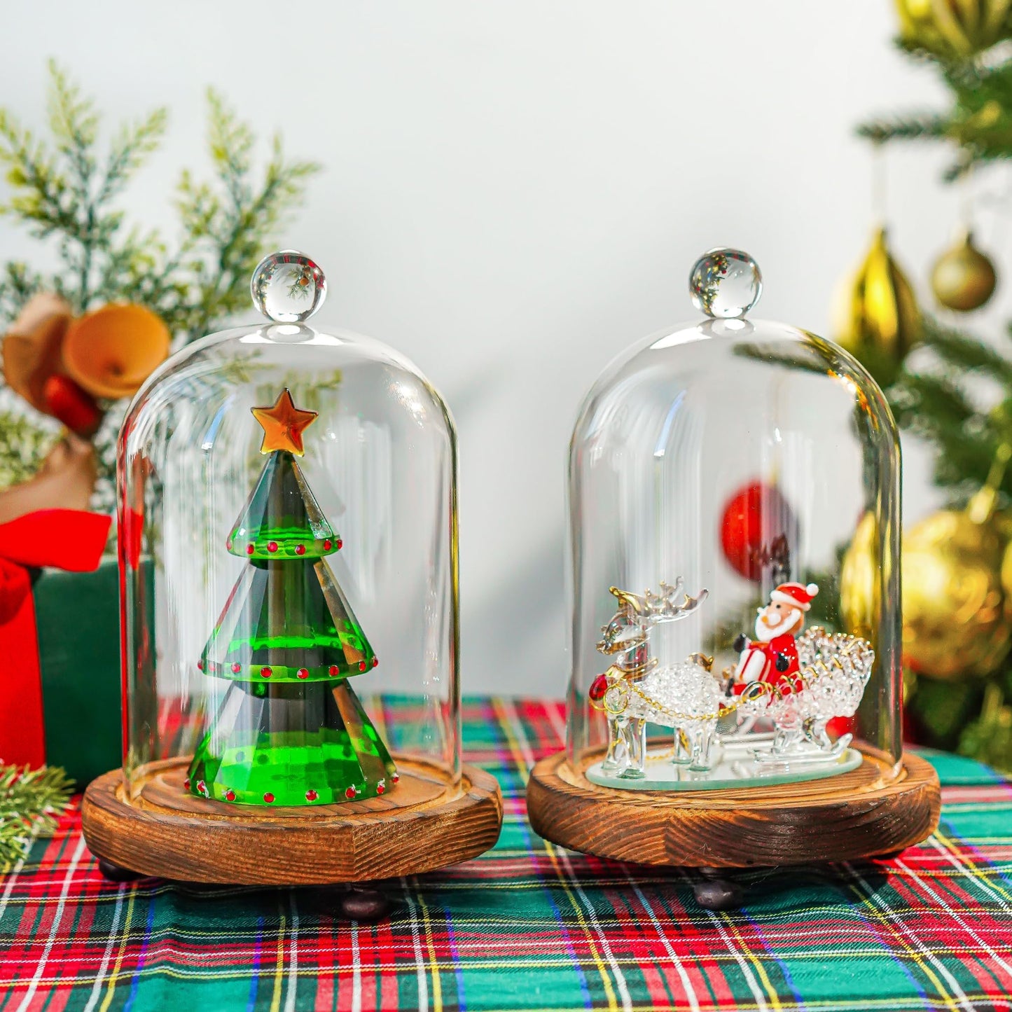 2 Pack Decorative Glass Cloche Bell Jars with Wooden Bases, 6.4" Tall Tabletop Accent Covers for Seasonal Centerpieces, Fairy Lights and Home Decor