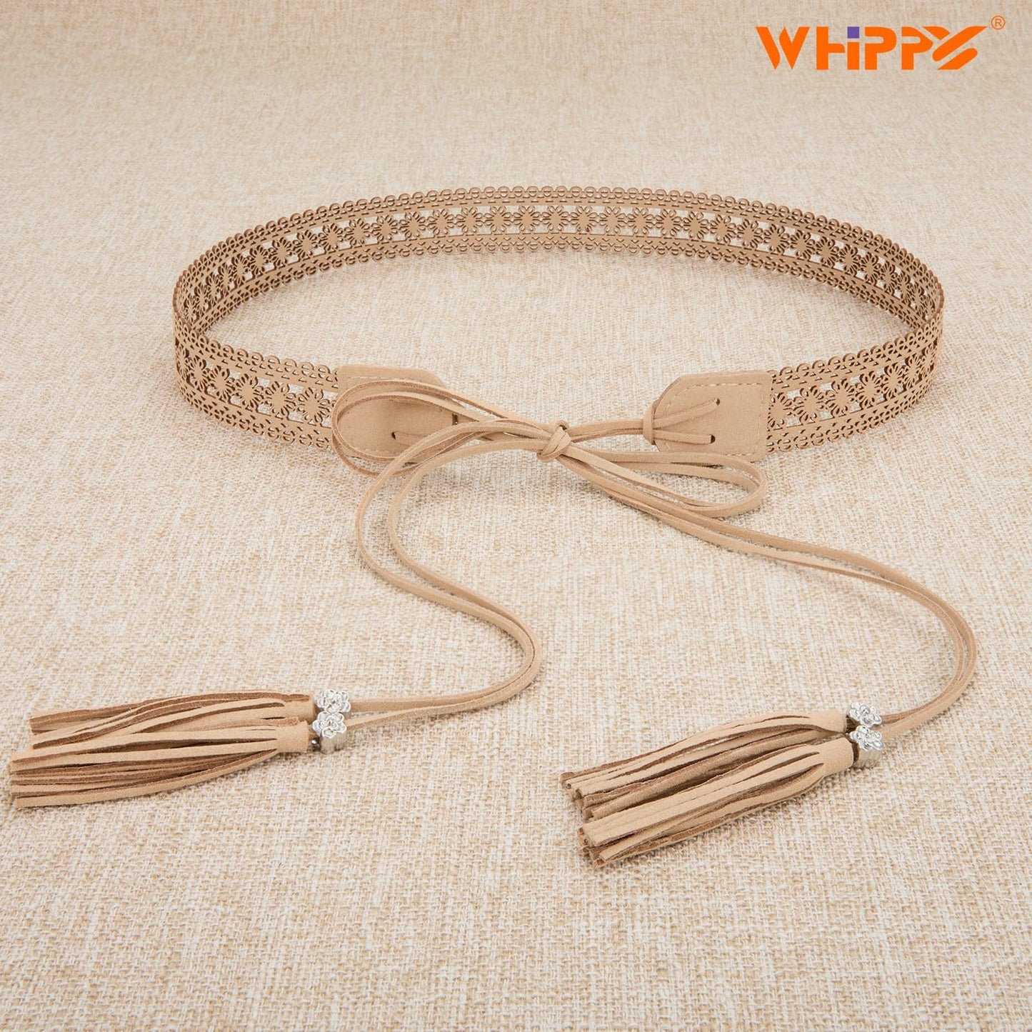 WHIPPY Boho Braided Tassel Belt for Women Western Ethnic Dress Belts Cowgirl Vintage Hollow Floral Waistband with Wax Rope, Beige S