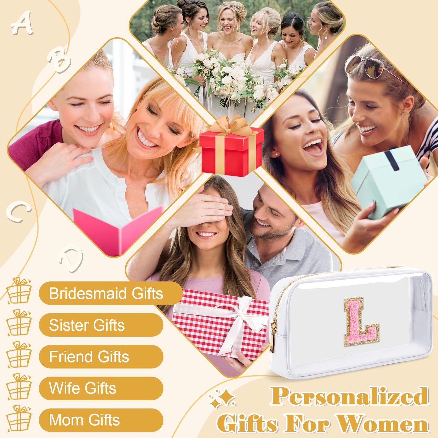 UIXIZQ Personalized Initial Letter Clear Makeup Bag,Preppy Small Nylon&PVC Cosmetic Zipper Bag with Chenille Letter,Travel Skincare Toiletry Bag,Monogram Christmas Gift for Teen Girls Women,L