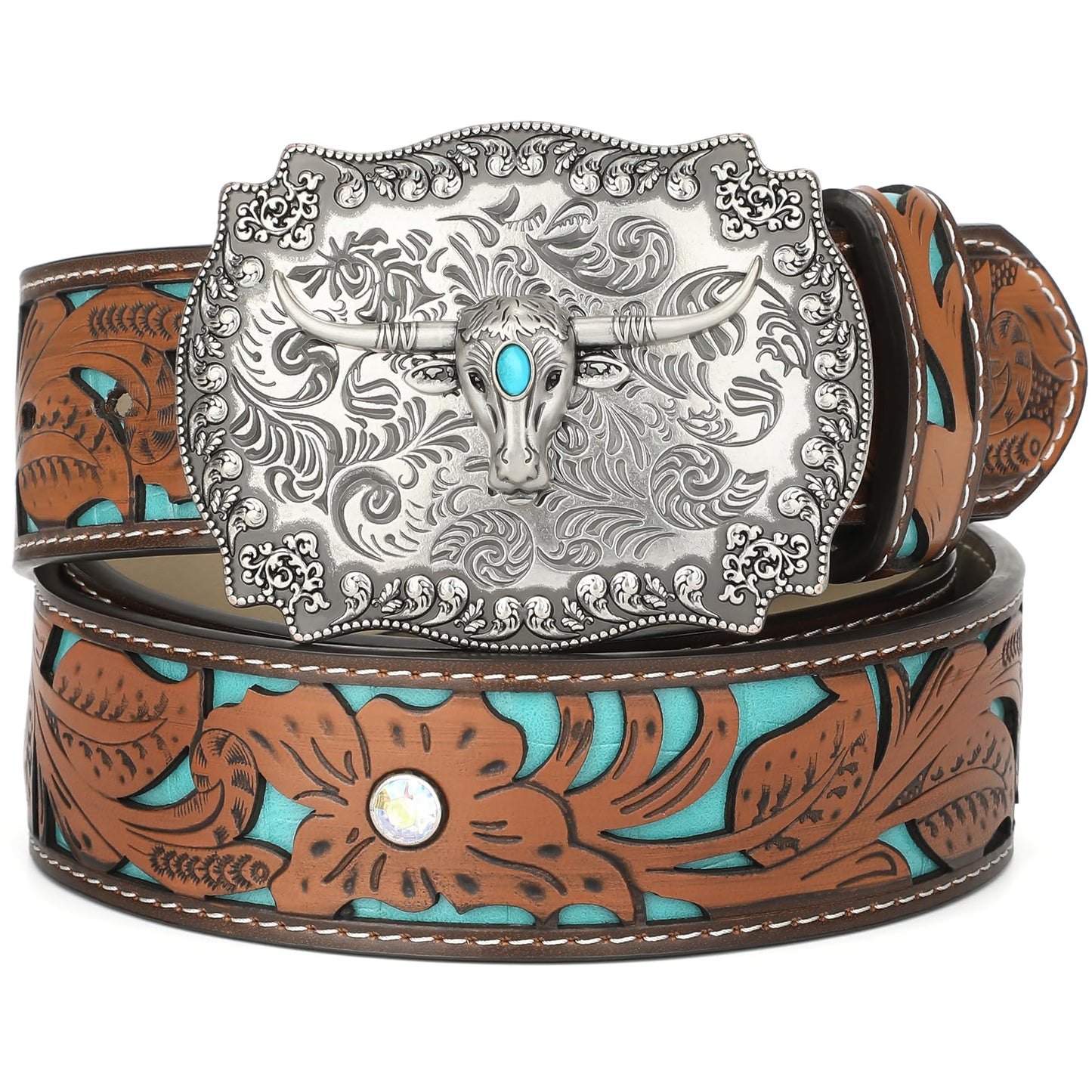 XZQTIVE Women Men Genuine Leather Belt Vintage Ladies Western Belt Engraved Tooled Leather Belt Cowboy Cowgirl Country Belt