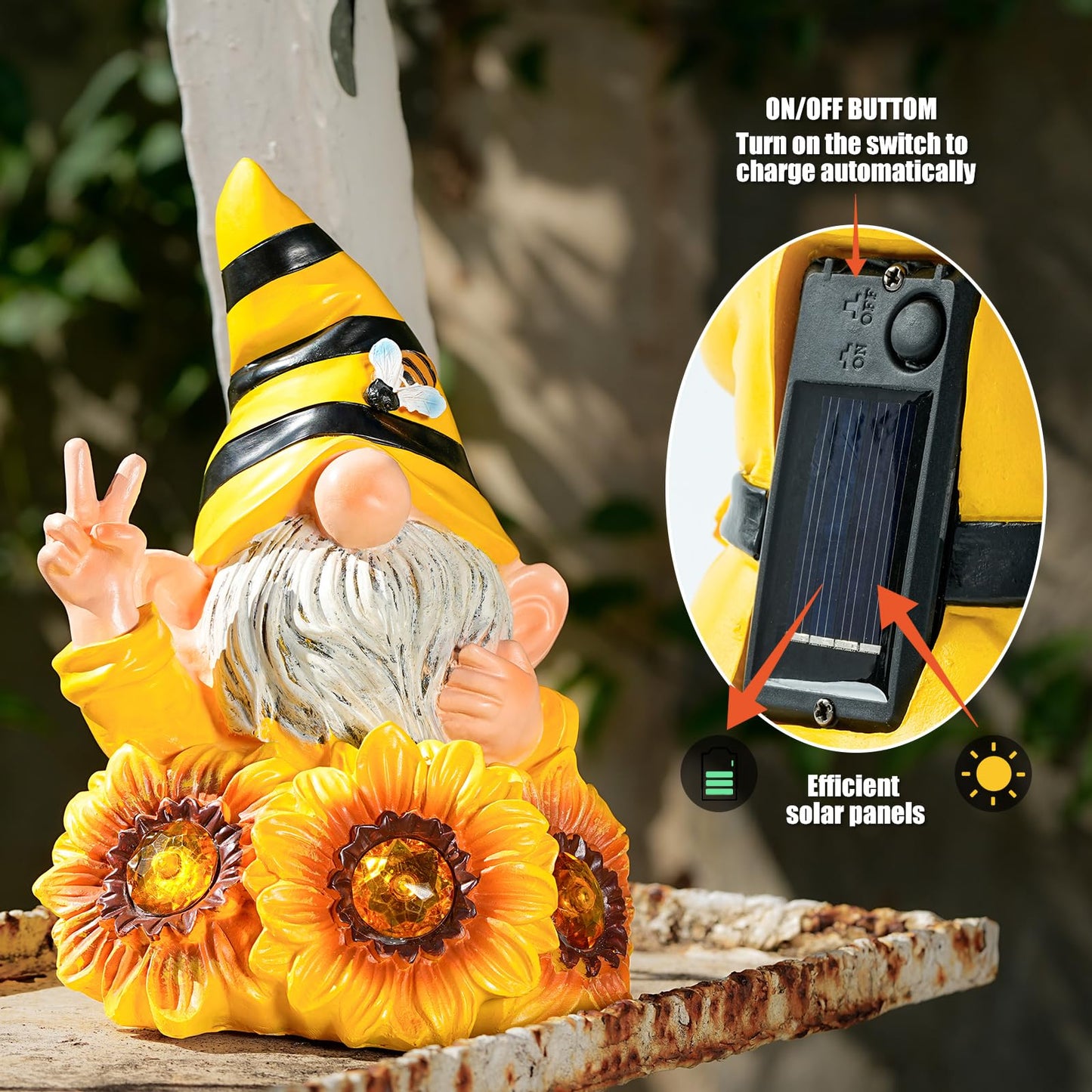 Joint Honglin Solar Garden Gnome Statue with Crystal Sunflower Lights - Outdoor Bee Gnome Figurine with Glowing Bee, Waterproof Resin Yard Art Decor for Patio, Lawn, Porch, Summer Gardening Gift