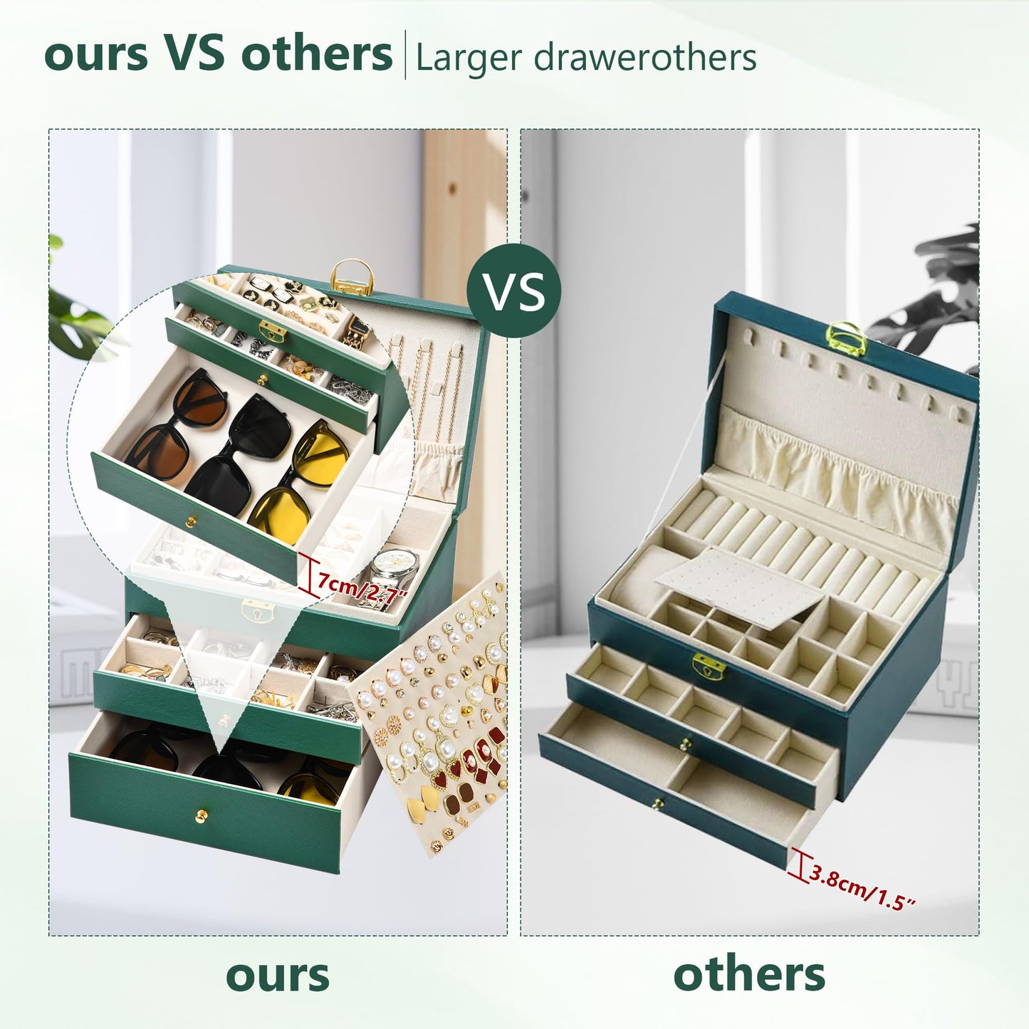 GALHUBIS Jewelry Box, 3 Layers Leather Jewelry Storage Display Box for Women, Gift Case, 2 Drawers, Large Capacity for Necklace Earrings Bracelets Rings,Green