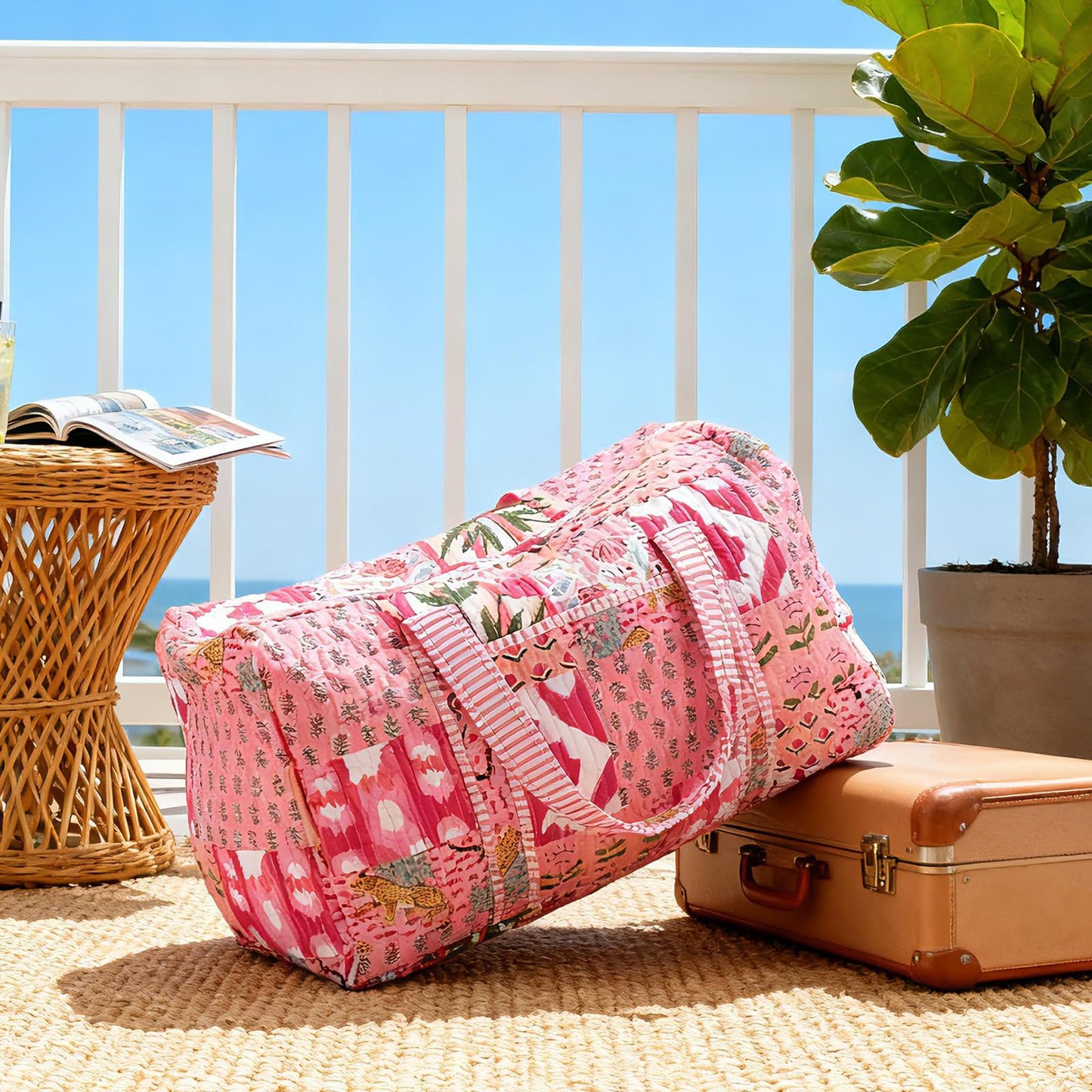 SilTriangle Large Cotton Patches Duffle Bags Block Print Quilted Fabric Weekender Bags for Women Holiday Gifts Handmade Colorful Travel Overnight Bag