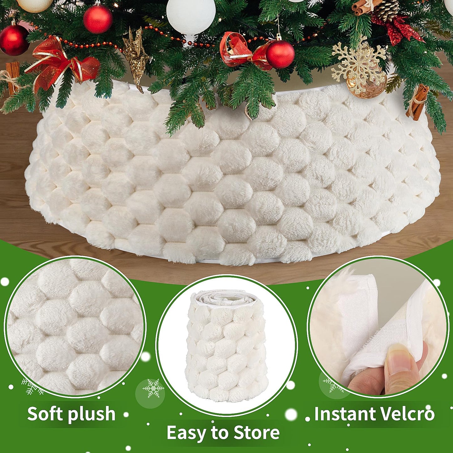 Christmas Tree Collar, Rustic White Luxury Plush Faux Fur Tree Collar with Stripe Textured Pattern, Soft Fluffy Xmas Tree Ring & Boho Tree Skirt for Indoor Home Holiday Decorations