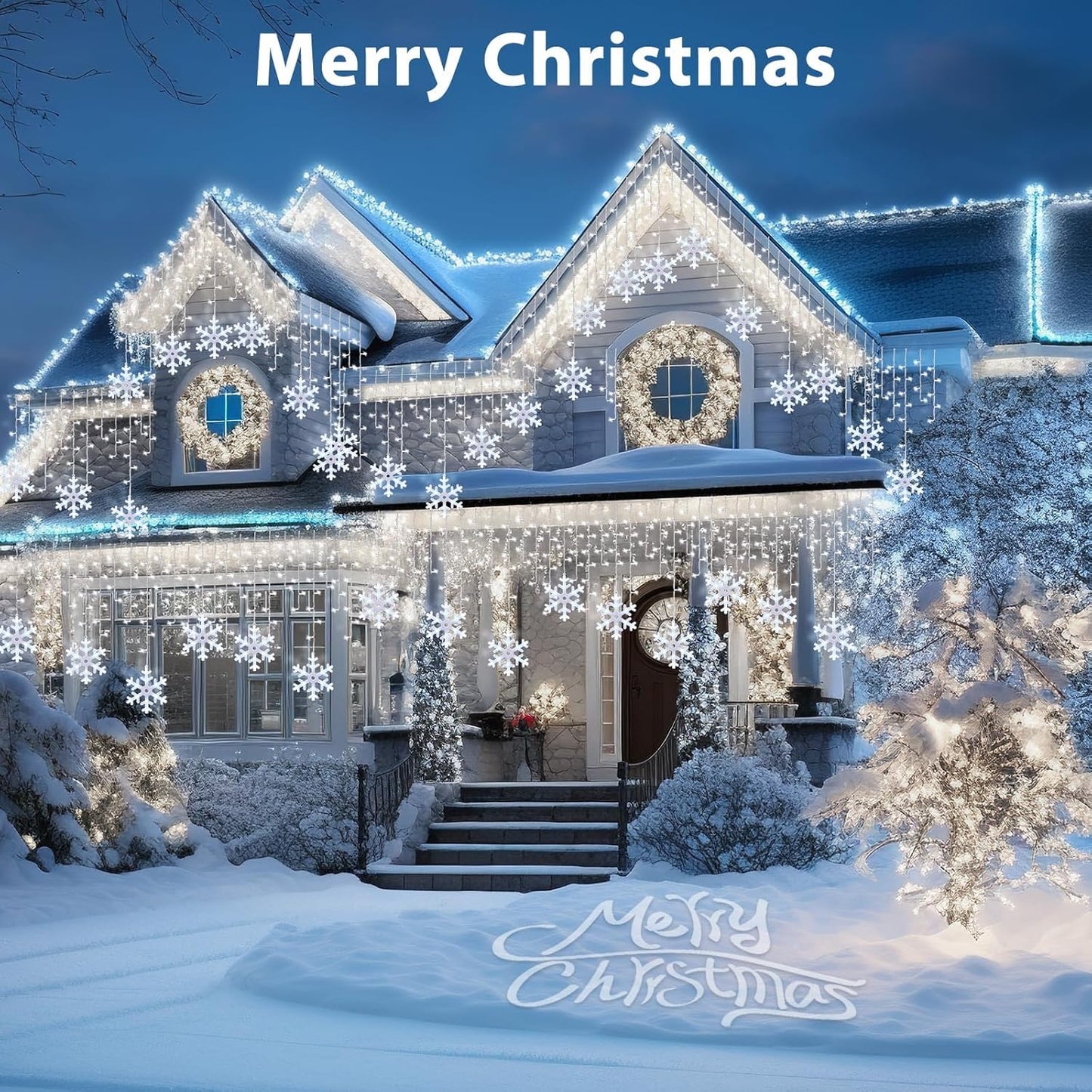 Minetom Snowflake Icicle Lights Outdoor, 20FT 200 LED Icicle Christmas Lights with Timer, 24 Drops, 8 Modes, Waterproof Christmas Light for Outdoor Outside Holiday Decoration, Pure White
