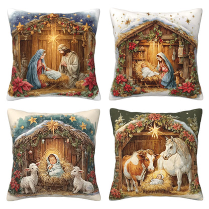 Worltoldb Christmas Bear Deer Throw Pillow Covers Set of 4 Winter Xmas Decorative Soft Linen Fabric Square Cushion Case for Room Bedroom Sofa Car 18x18 (Christmas O Holy Night, 18 * 18)
