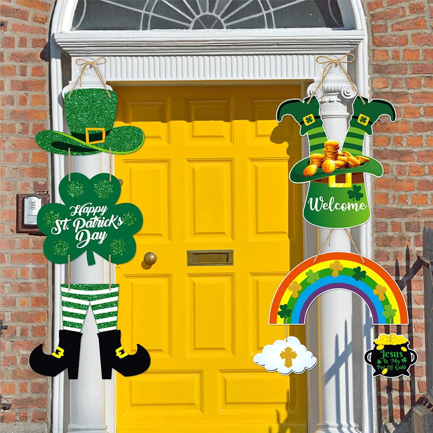 St-Patricks Day Decorations Front-Door Hanger-Decor - 5pcs Green Saint St. Patrick'S Shamrock Hat Party Paper Signs Banner, Irish Home Birthday Anniversary Wall Hanging Garland Lasting Surprise