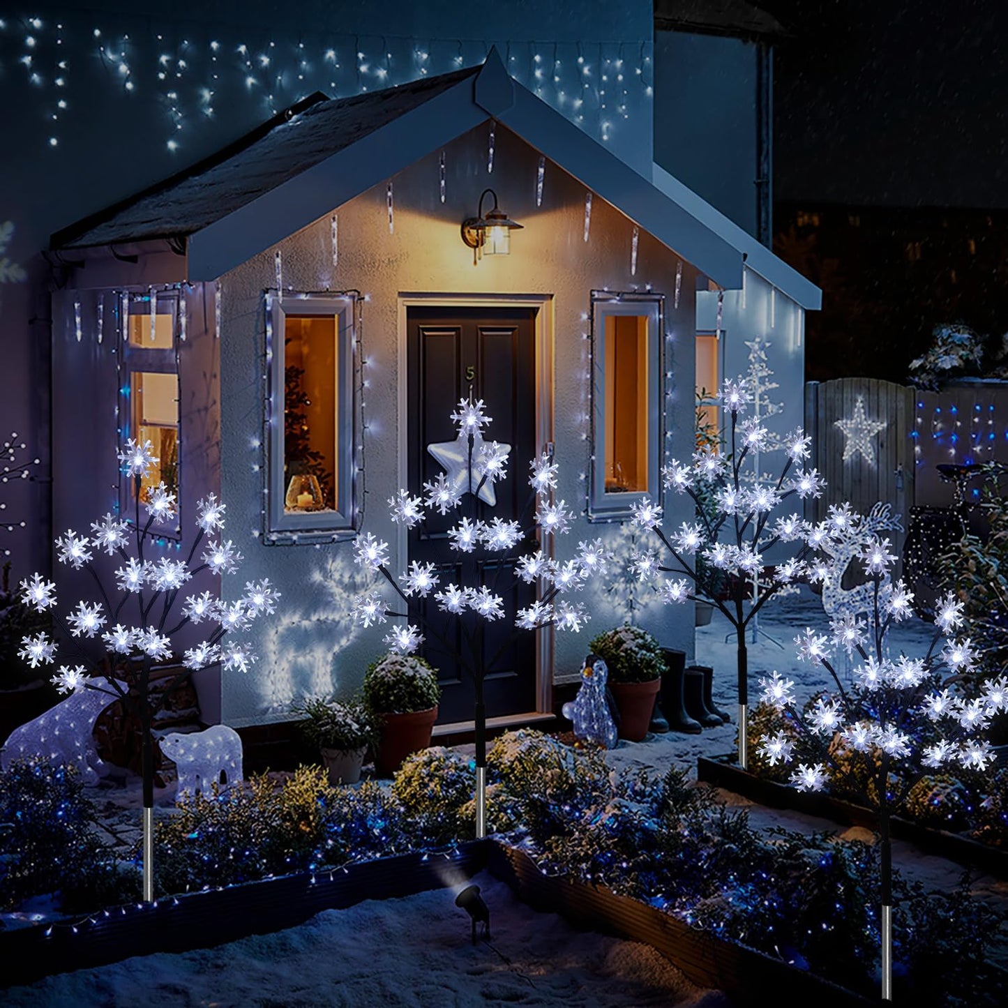 4-Pack 80LEDs Solar Christmas Snowflake Stake Lights, 8 Modes Solar Snowflake Christmas Decorations Outdoor Lights, Waterproof Outdoor Xmas Decorations for Garden Yard Pathway Walkway