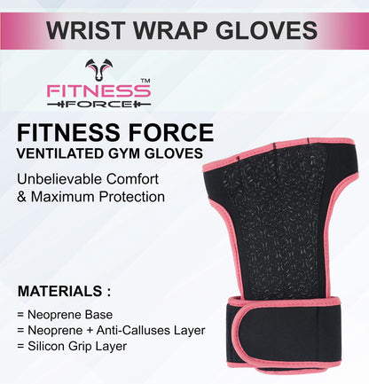 FITNESS FORCE Ventilated Weightlifting Gloves Workout Gloves for Men & Women with Built-in Wrist Wraps Fingerless Gym Gloves for Men Perfect for Exercise Fitness, Weight Lifting, Cross Training