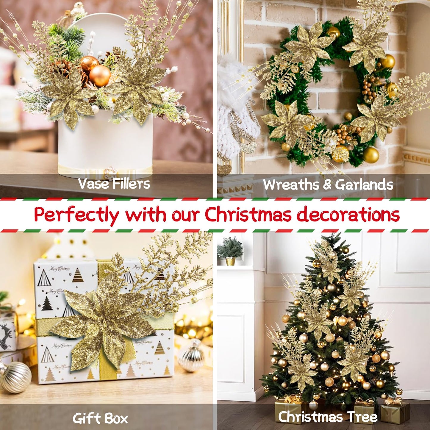 24 Pack Artificial Glitter Berry Stem Ornaments - 17.5 Inch Fake Christmas Picks Decorations with Poinsettia Flowers, Bead Sticks for DIY Christmas Tree, Wreath, Wedding & Small Vase Decor